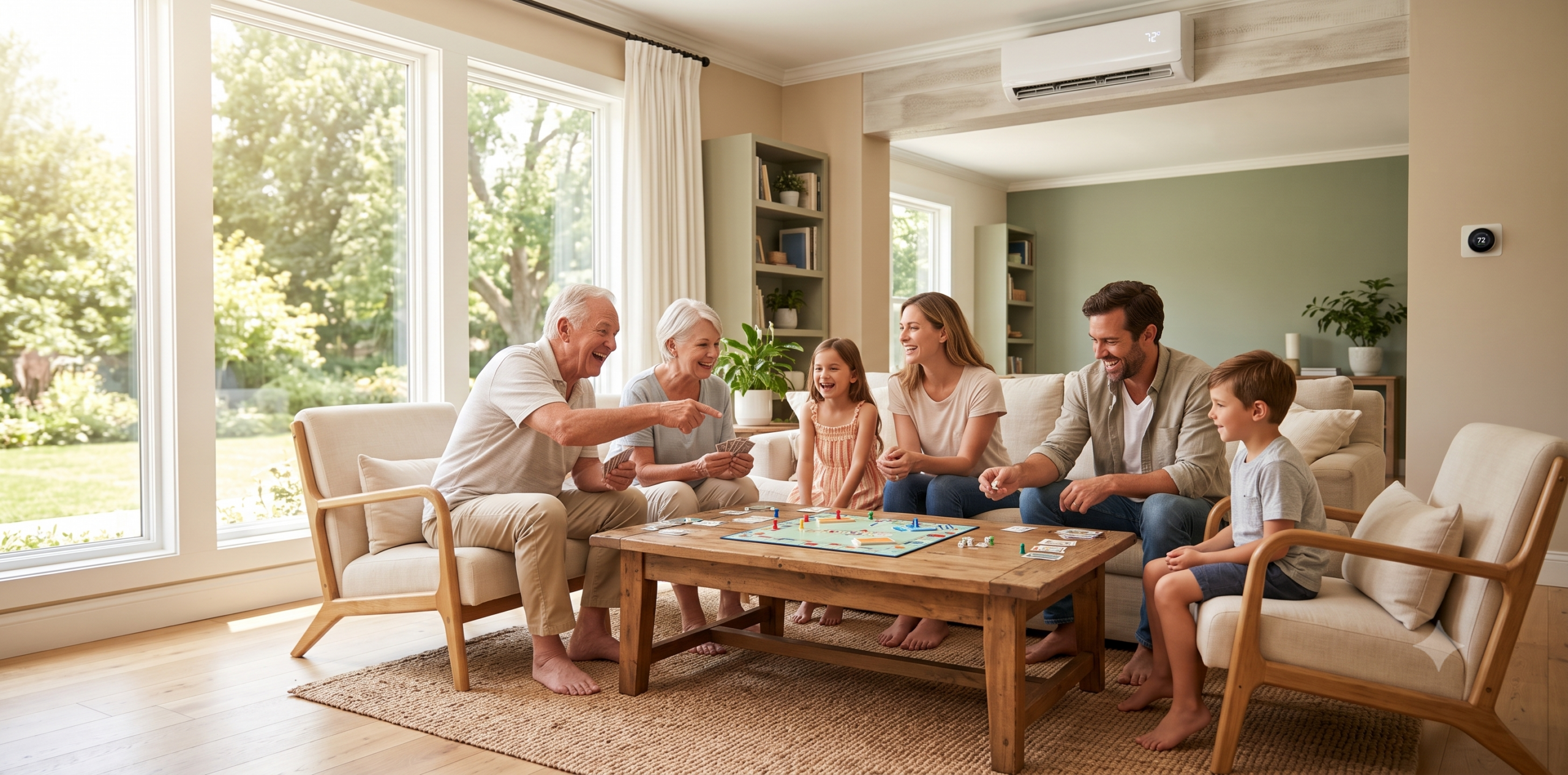 Family relaxing comfortably inside their cooled West Bloomfield home after an AC repair.
