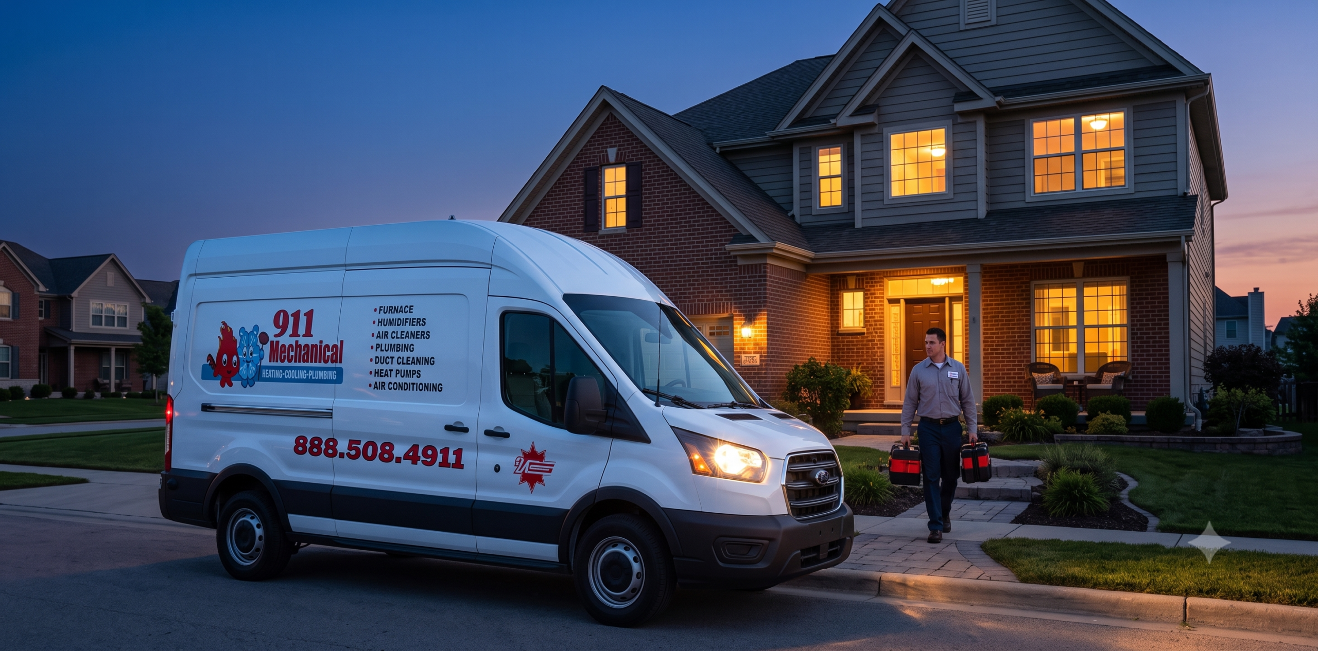 911 Mechanical technician arriving for 24/7 emergency AC repair service in the evening.