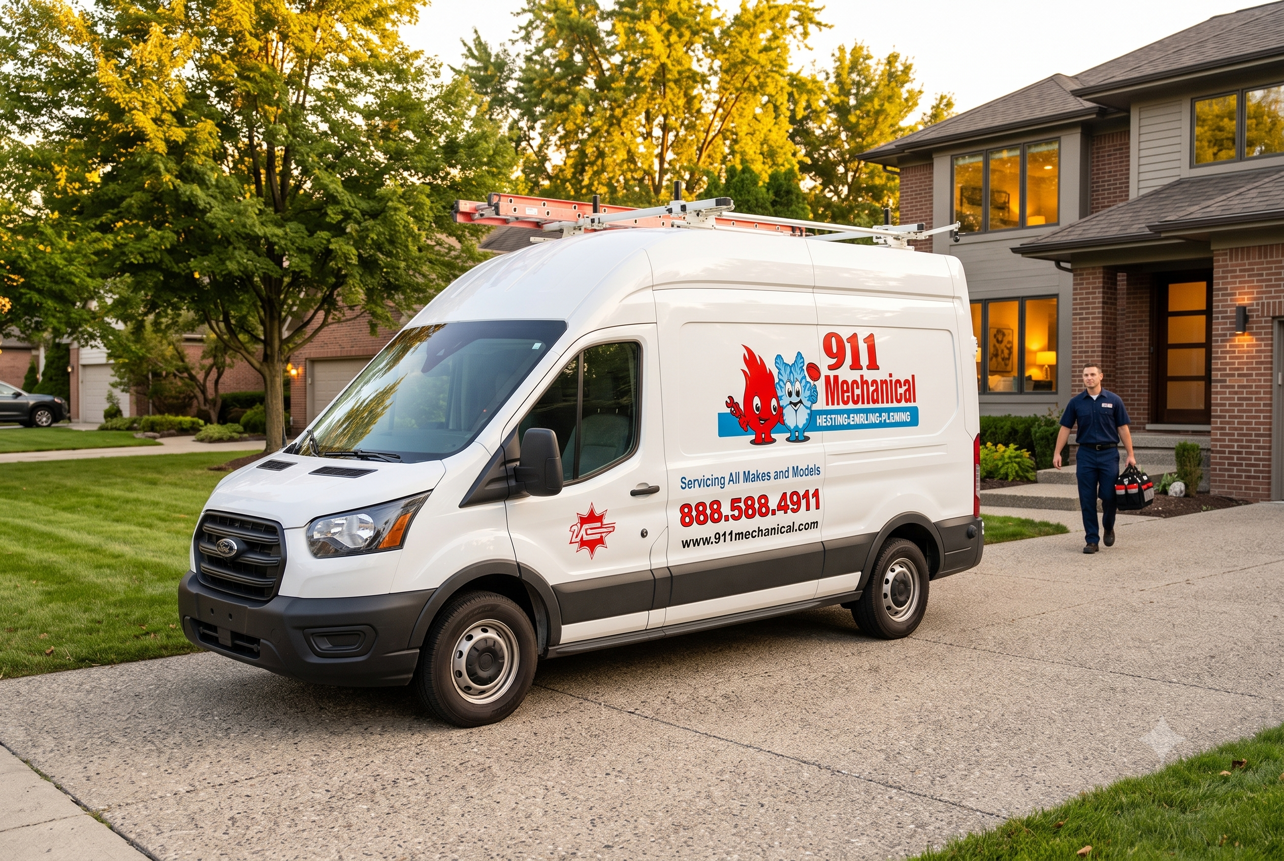 911 Mechanical emergency service van arriving for a Comfortmaker AC repair in West Bloomfield.
