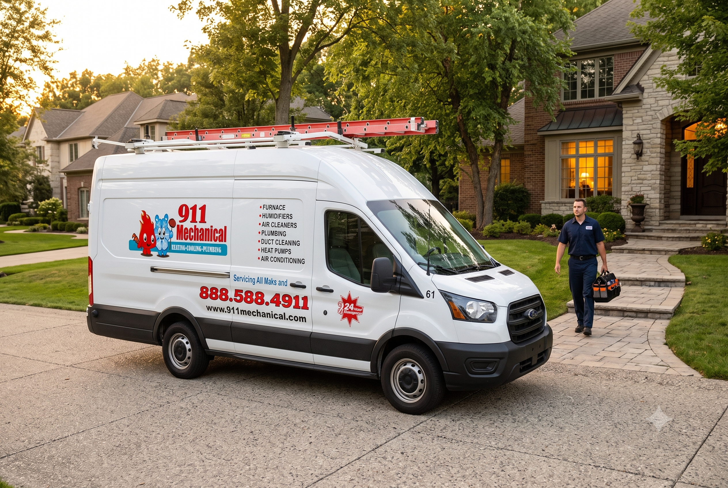 911 Mechanical emergency service van arriving for a Rheem AC repair in Bloomfield Hills.