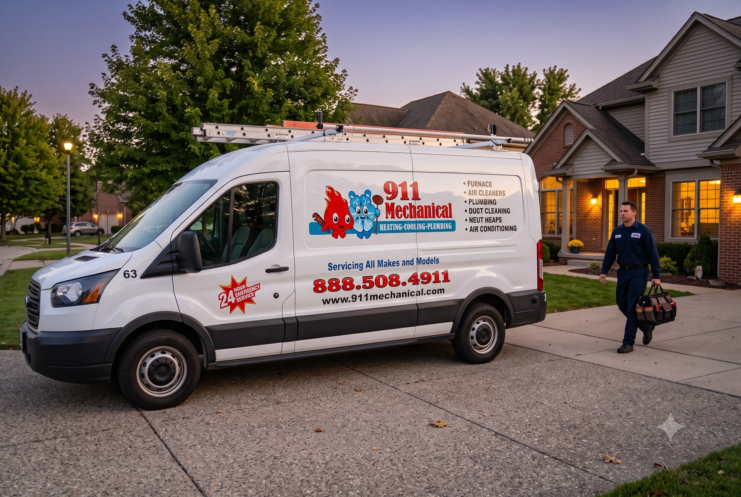 911 Mechanical emergency service van arriving for a Trane AC repair in Troy, MI.