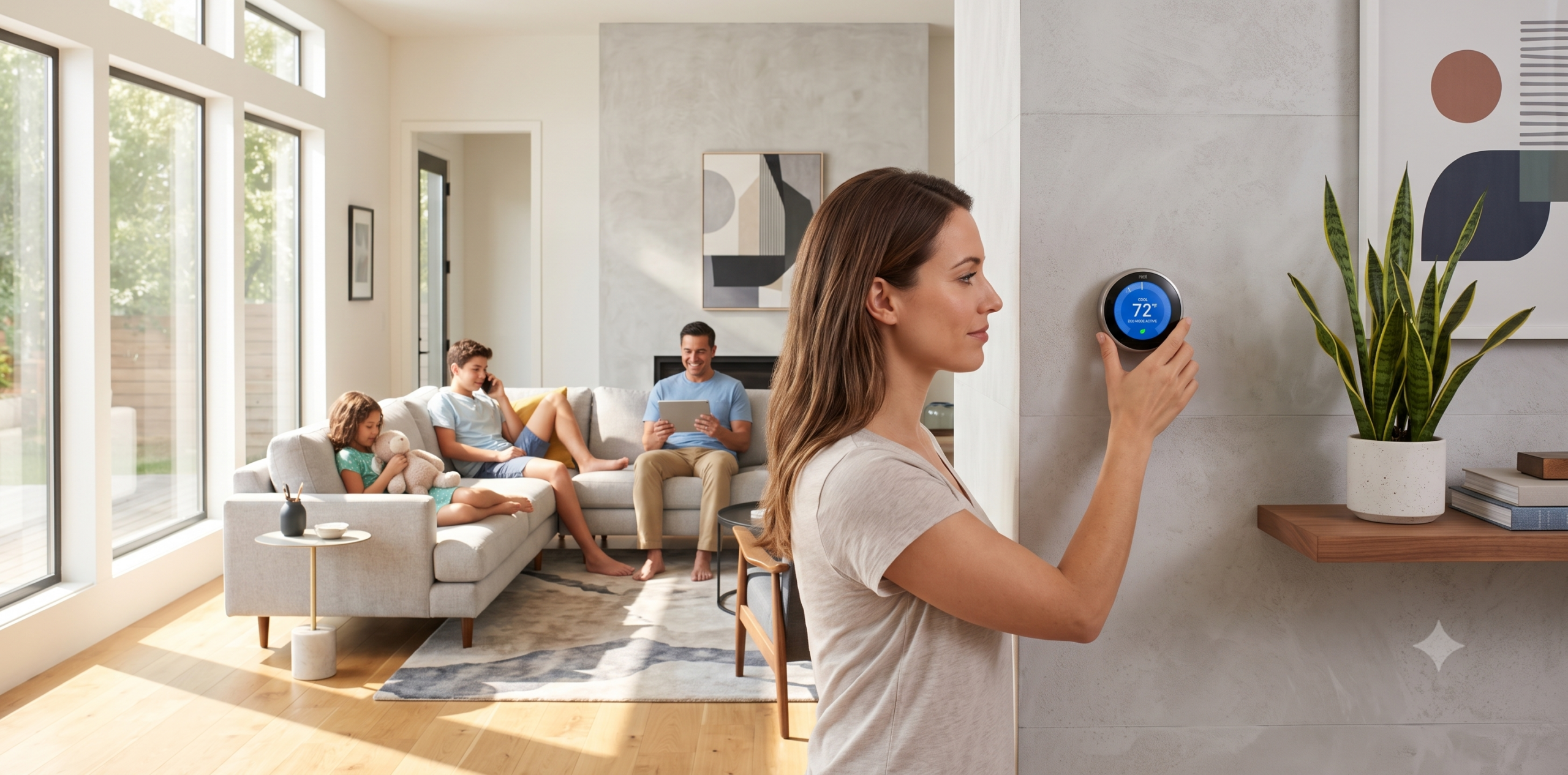 Homeowner adjusting smart thermostat for efficient indoor home cooling.