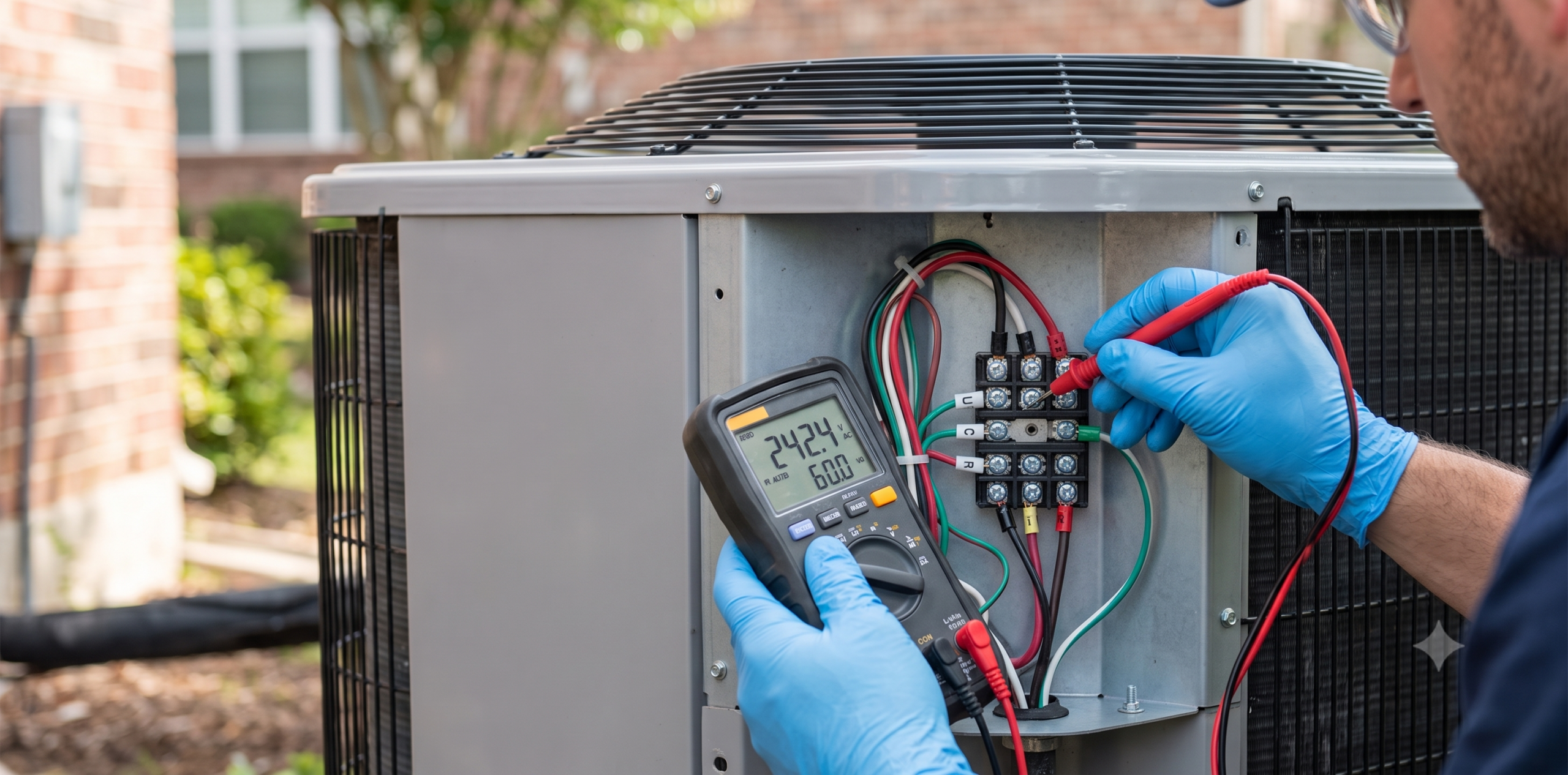 Experienced HVAC technician performing a professional electrical diagnostics test on an AC unit.