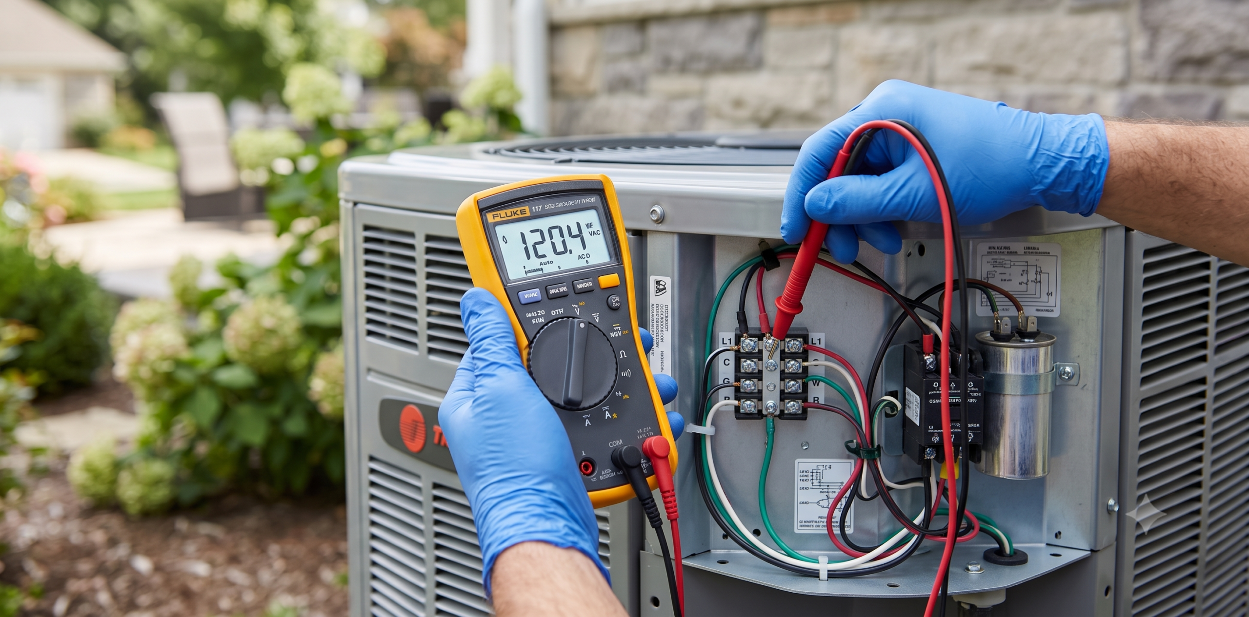 Certified HVAC technician performing comprehensive diagnostic electrical tests on an air conditioner.