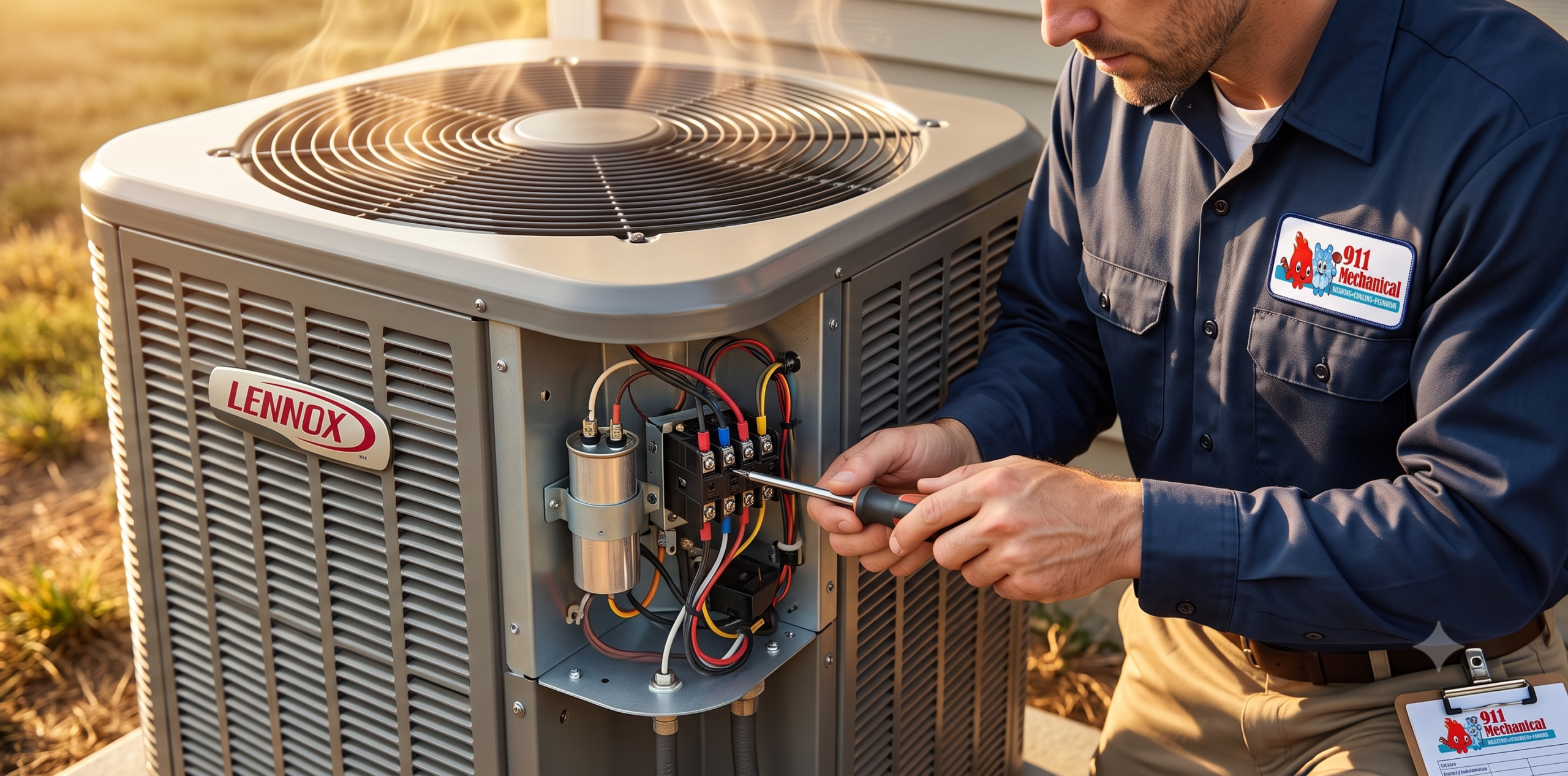 Technician quickly servicing an air conditioning unit during hot weather.