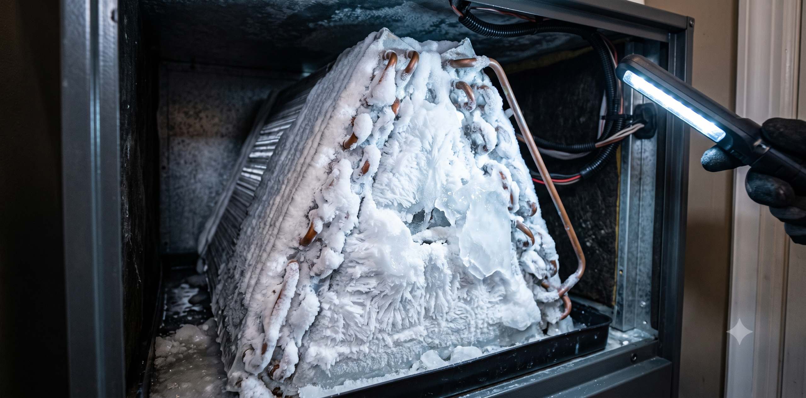 Frozen evaporator coils inside an indoor air handler unit due to airflow issues.