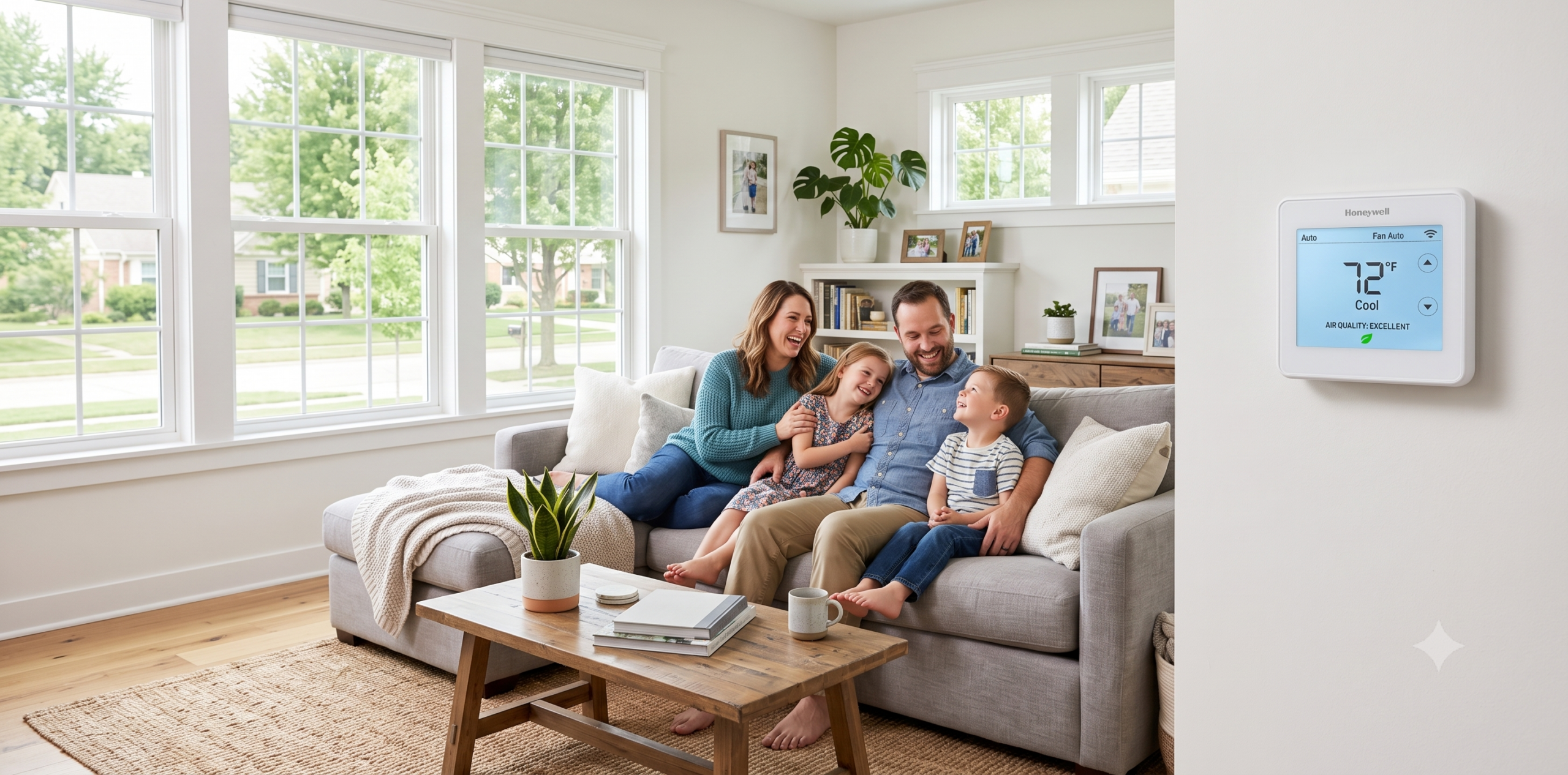 Happy Rochester Hills family enjoying efficient indoor home cooling and pure air quality.