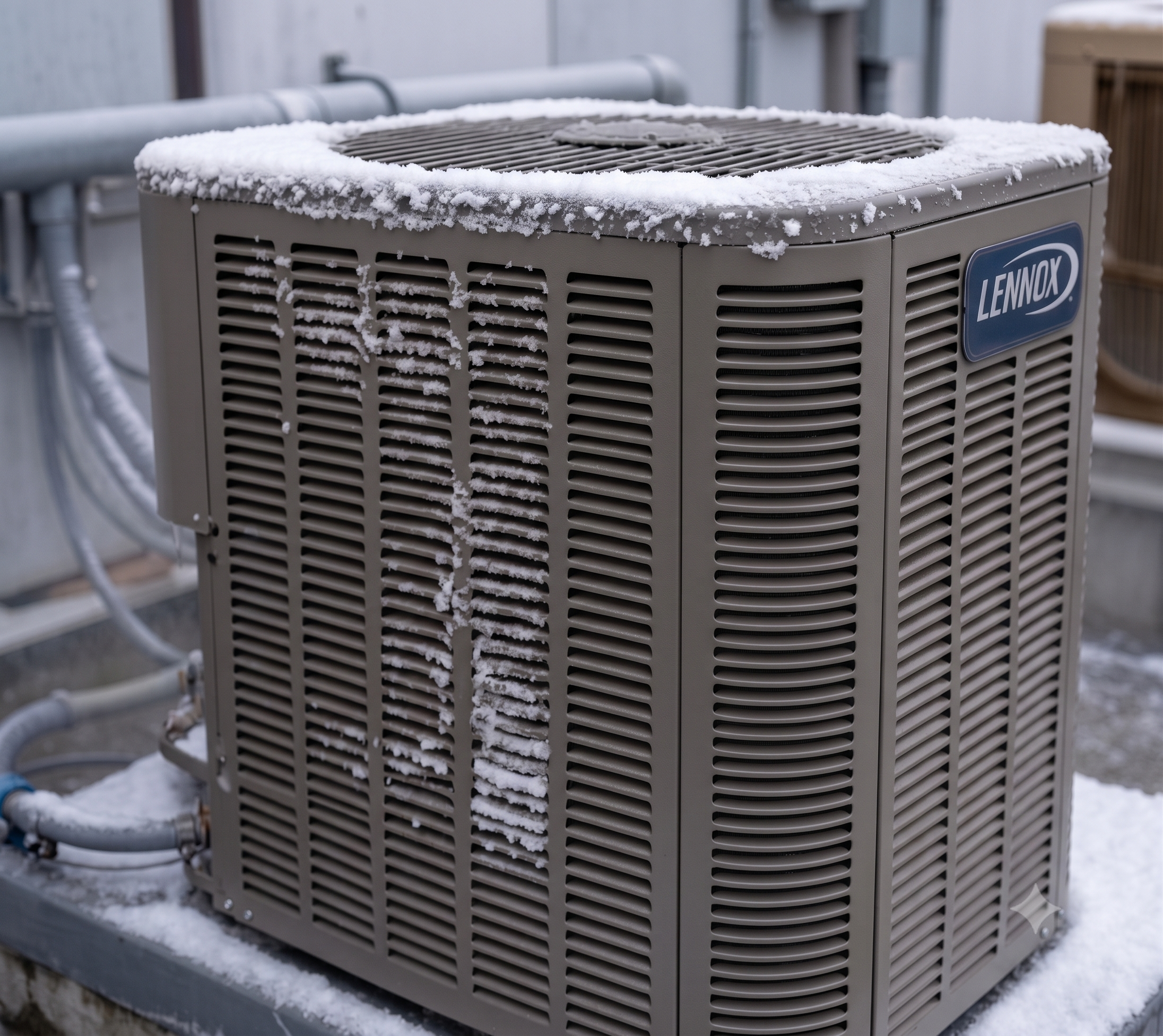 A detailed close-up photograph of an outdoor Lennox air conditioning condenser unit heavily covered in snow and ice during winter weather, with the blue Lennox logo badge clearly visible.