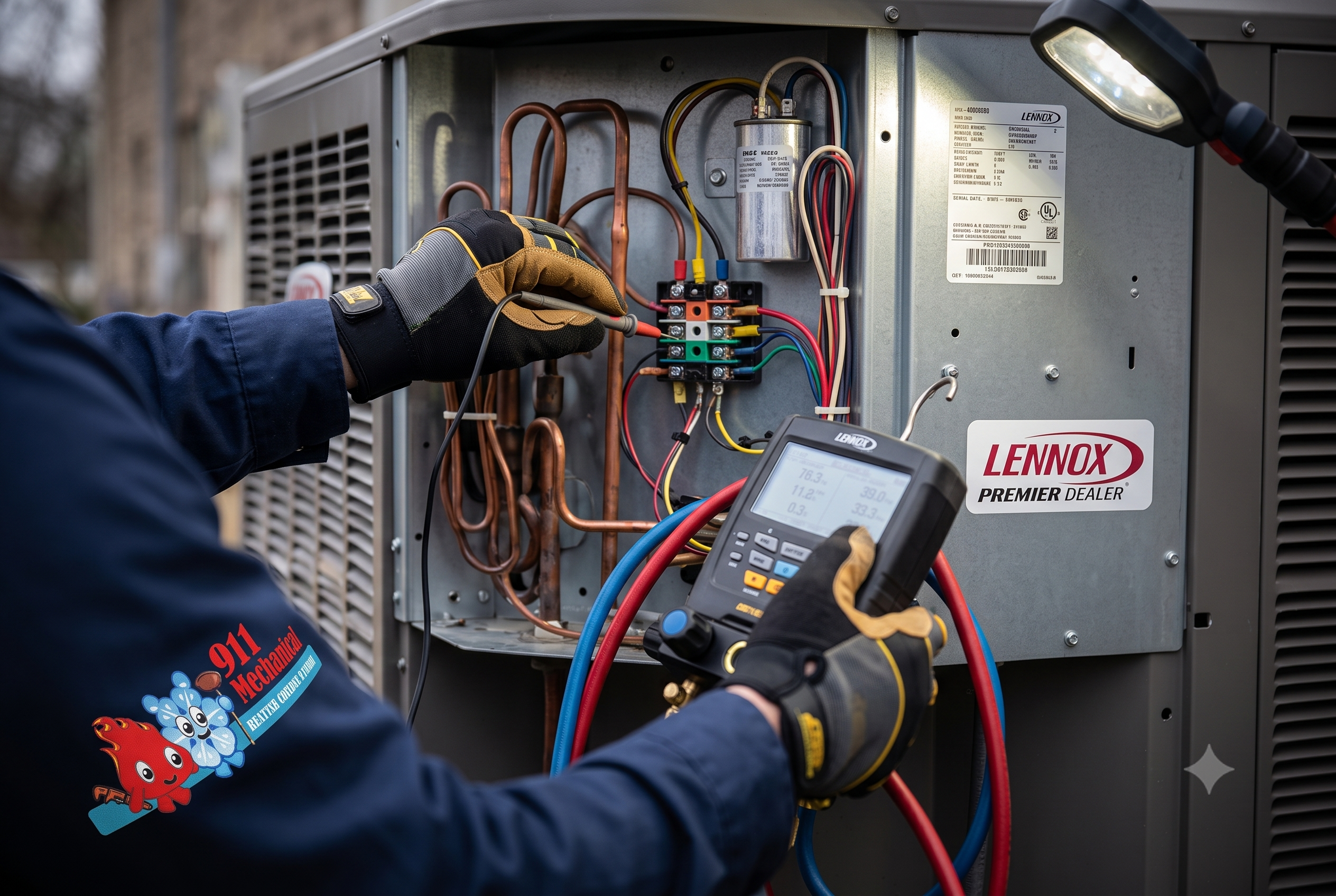 911 Mechanical certified technician inspecting Lennox AC refrigerant lines and electrical components in Macomb Township.