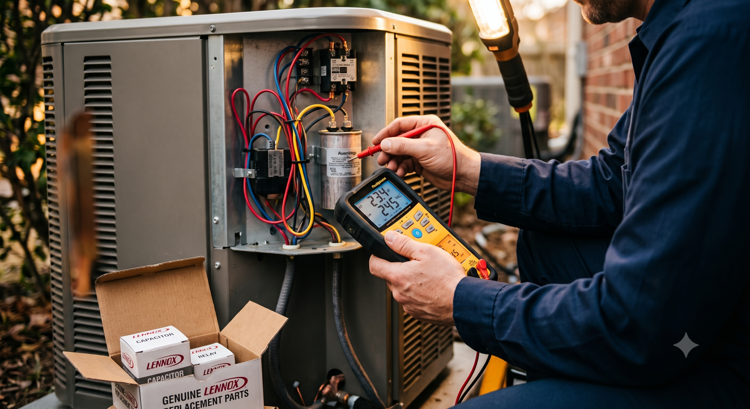 911 Mechanical technician using genuine Lennox parts and accurate diagnostics for an AC repair.
