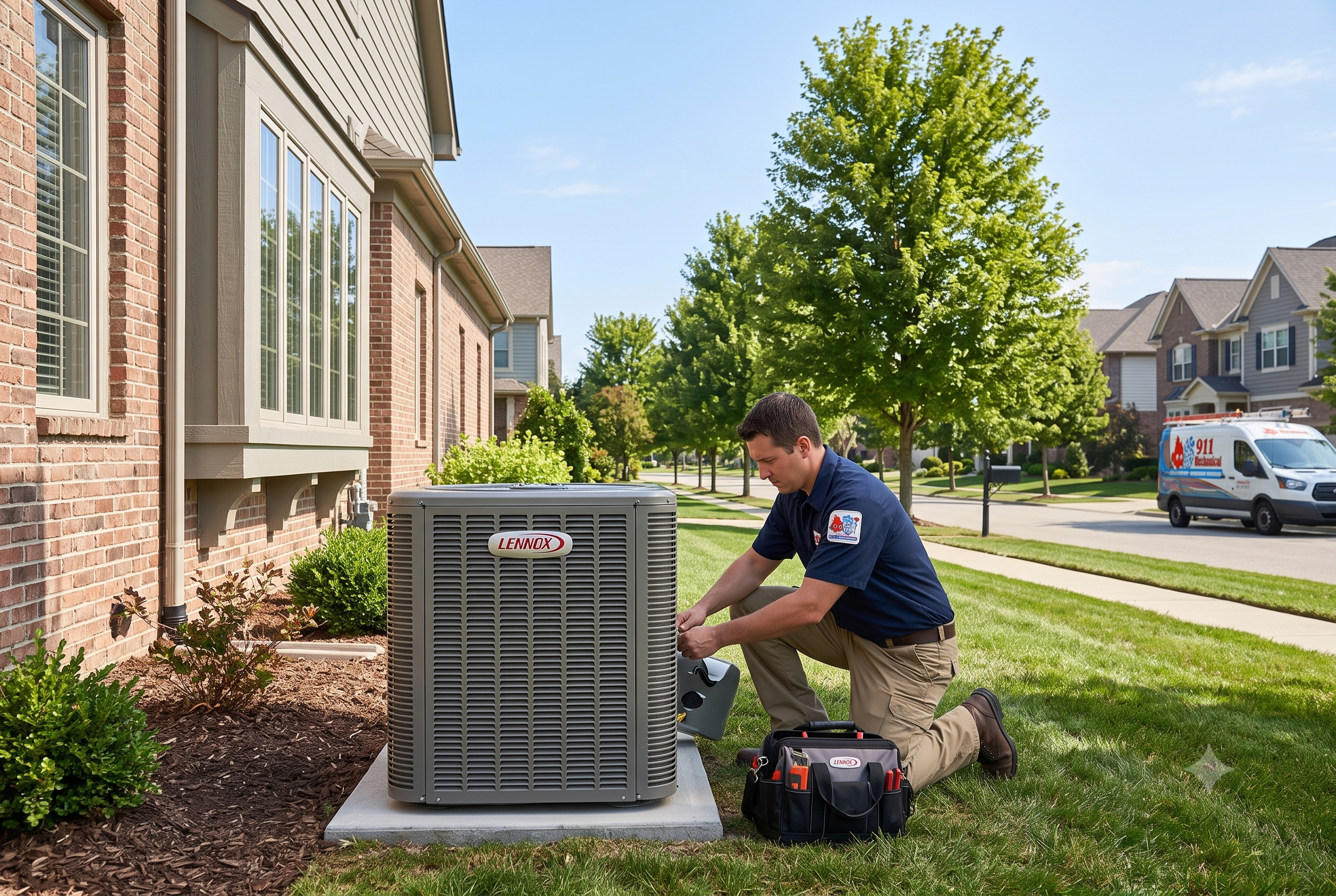 911 Mechanical Lennox Premier Dealer technician installing a high-efficiency Lennox AC unit in Macomb Township, MI.