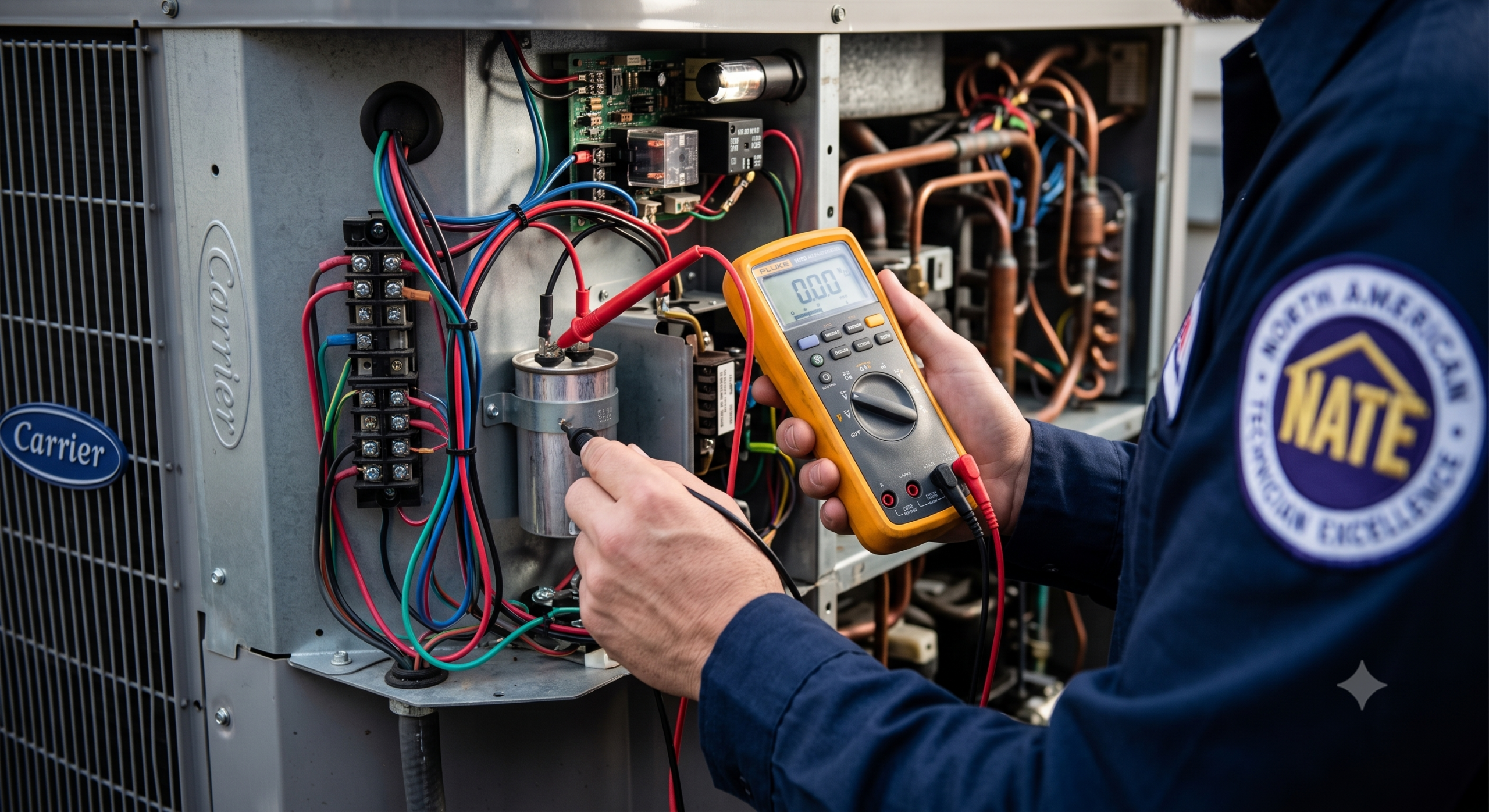 NATE-certified 911 Mechanical technician diagnosing Carrier AC electrical components in Utica, MI.