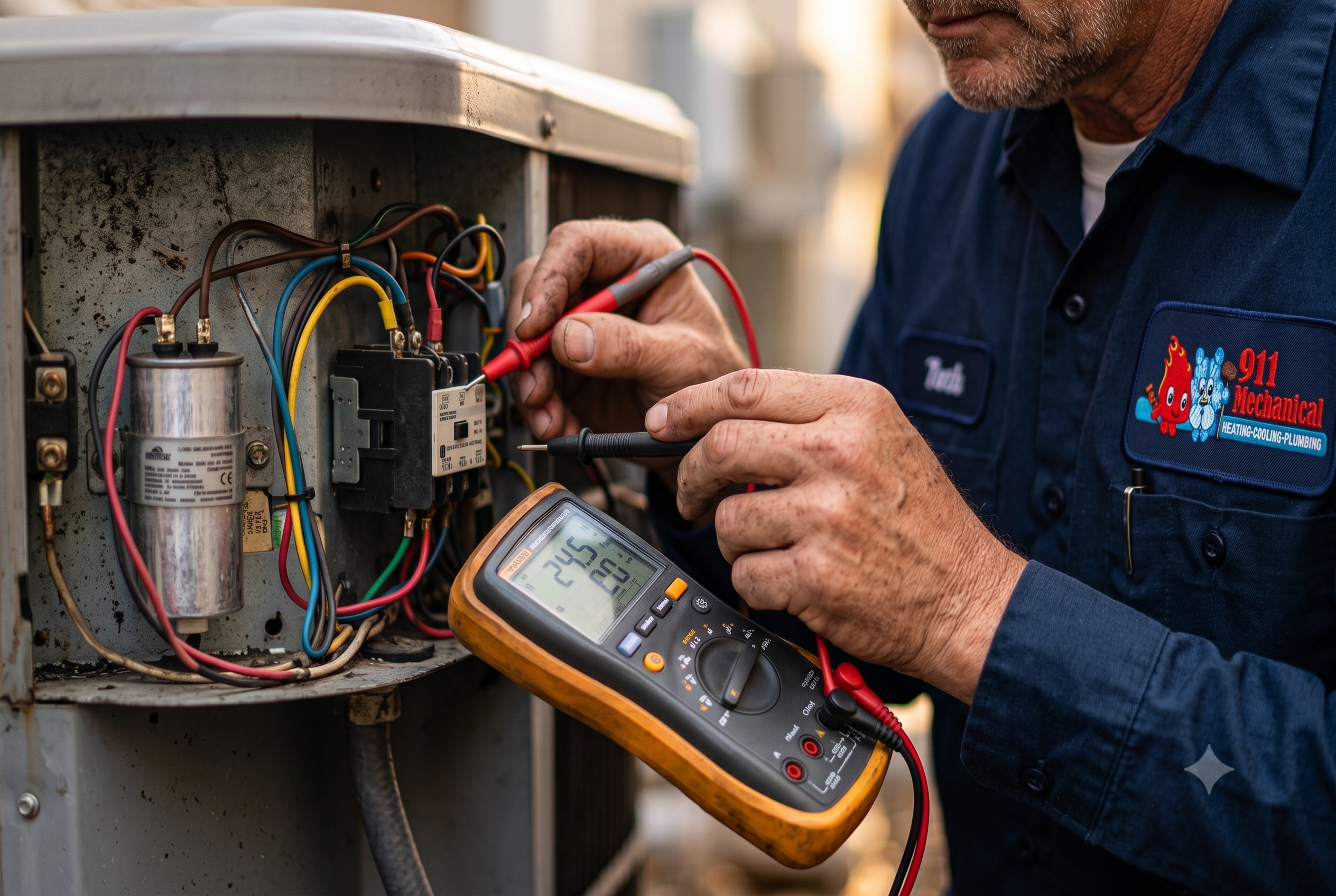 NATE-certified 911 Mechanical technician performing precision electrical diagnostics on an AC unit.