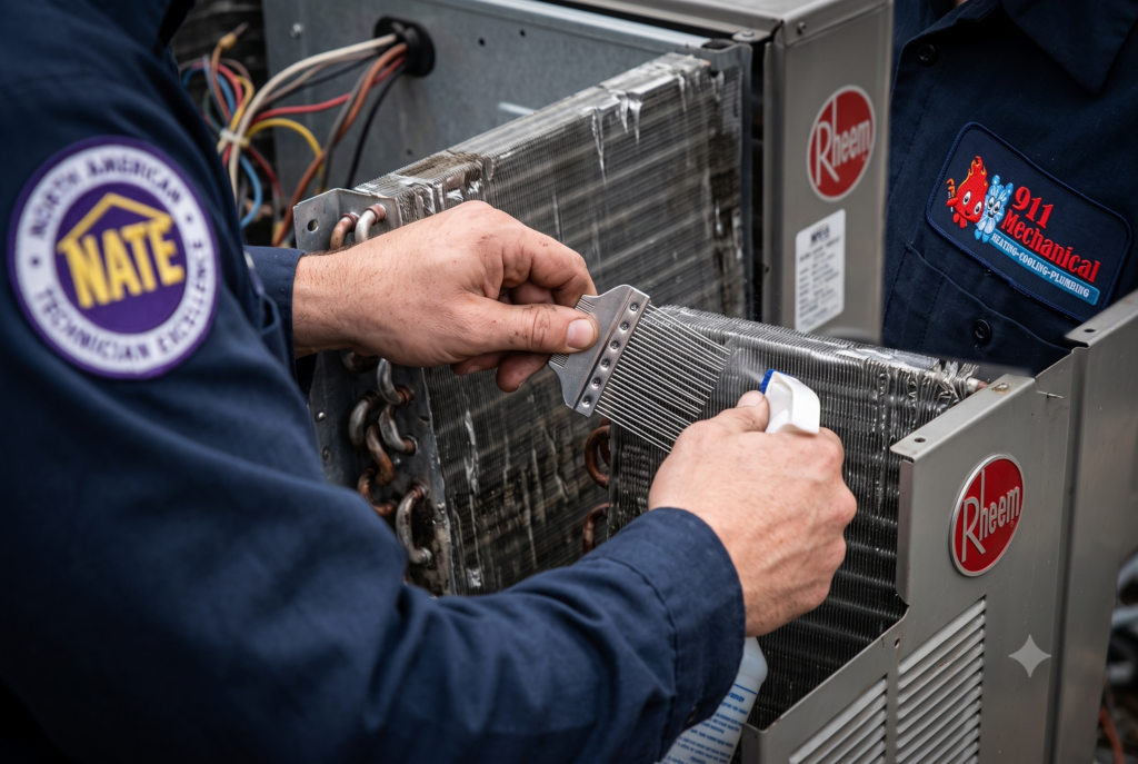 Rheem Repair NATE-certified technician performing precision maintenance on a Rheem AC unit in Warren, MI.