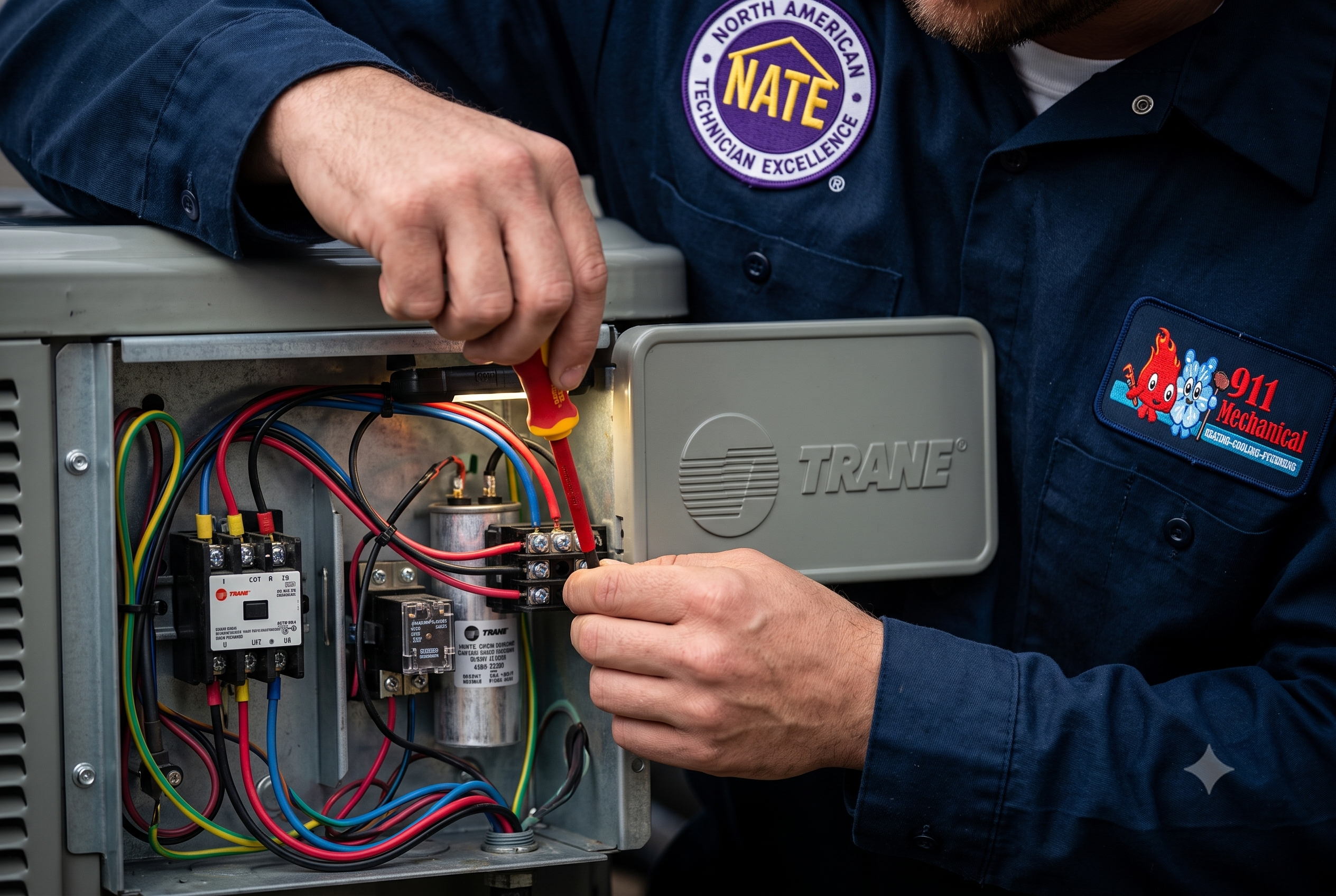 NATE-certified technician performing precision electrical repairs on a Trane AC unit.