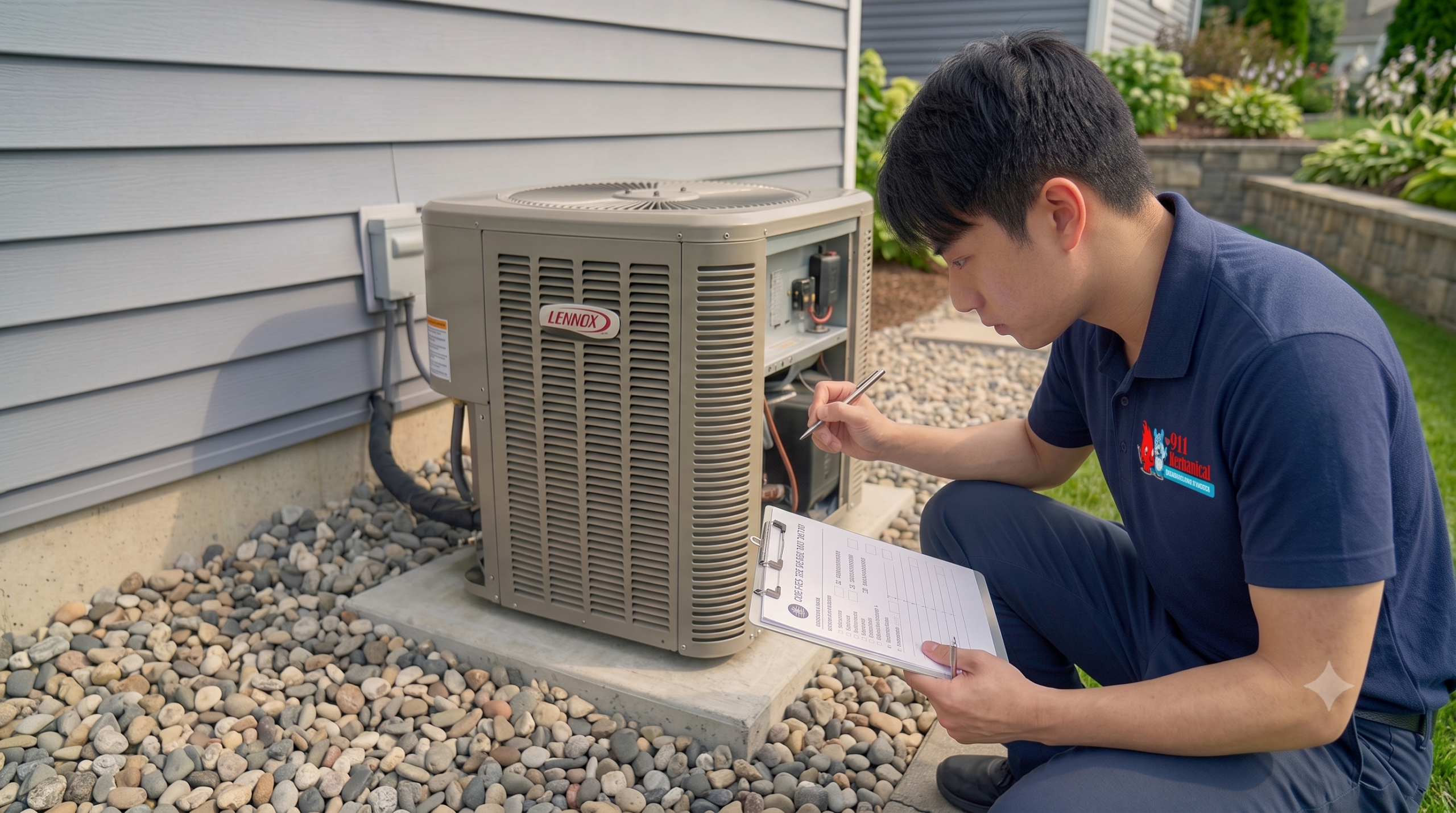 side view of a male HVAC technician in a dark polo shirt with a company logo, kneeling outdoors on a gravel bed and writing on a clipboard checklist while inspecting an open Lennox central air conditioning condenser unit.