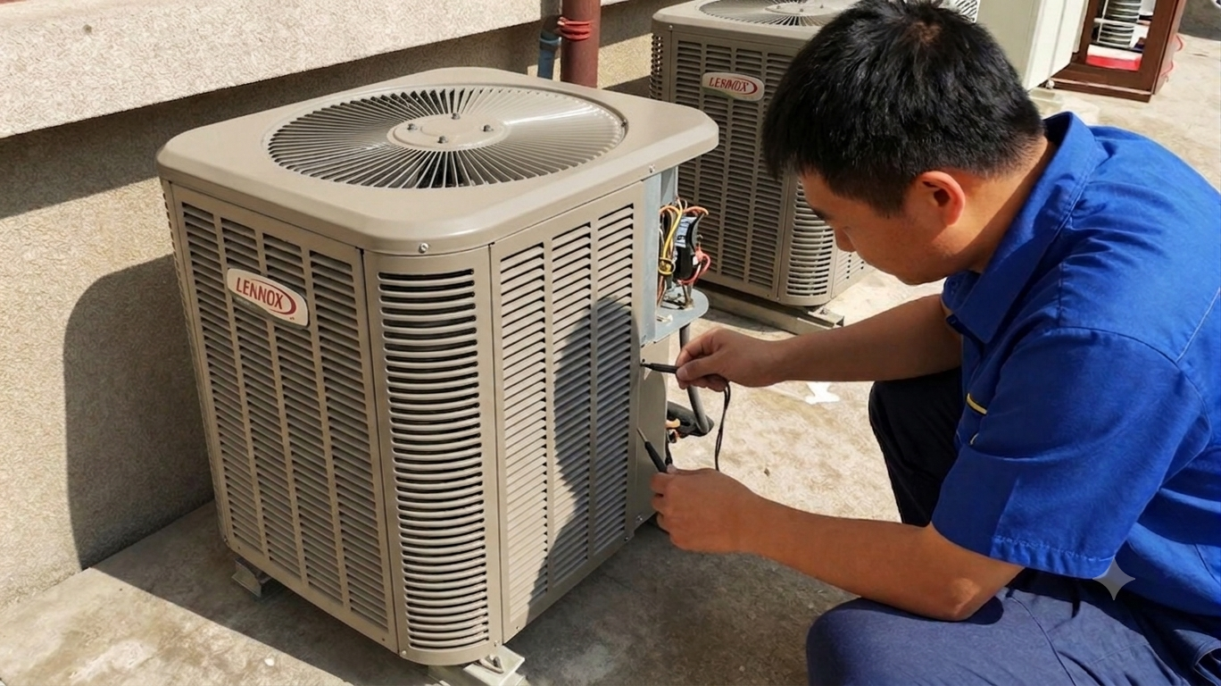 An HVAC technician wearing a blue uniform shirt is kneeling outdoors on a concrete pad while inspecting a beige Lennox air conditioner condenser unit. The technician holds wire test leads to diagnose an open side electrical service panel, with a second Lennox unit visible behind it.