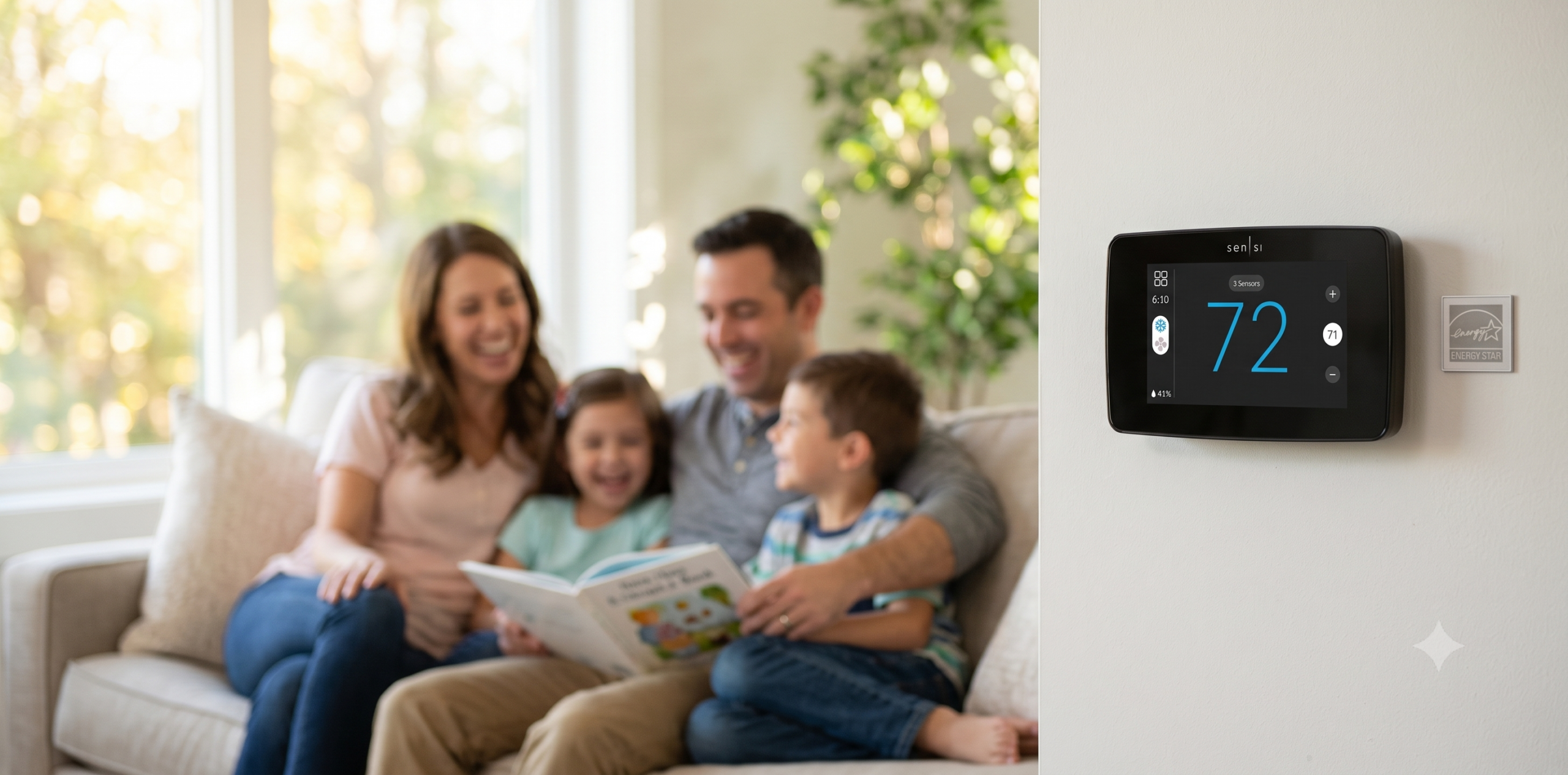 Happy family relaxing in a cool and energy-efficient home environment after seasonal AC maintenance.