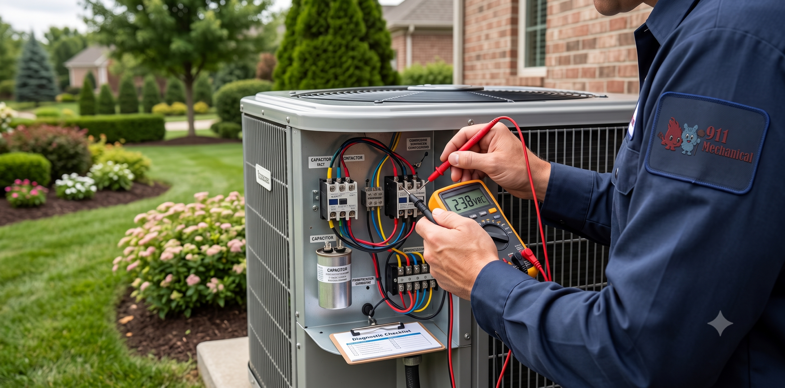 Certified HVAC technician performing preventative electrical diagnostics on an outdoor AC unit.