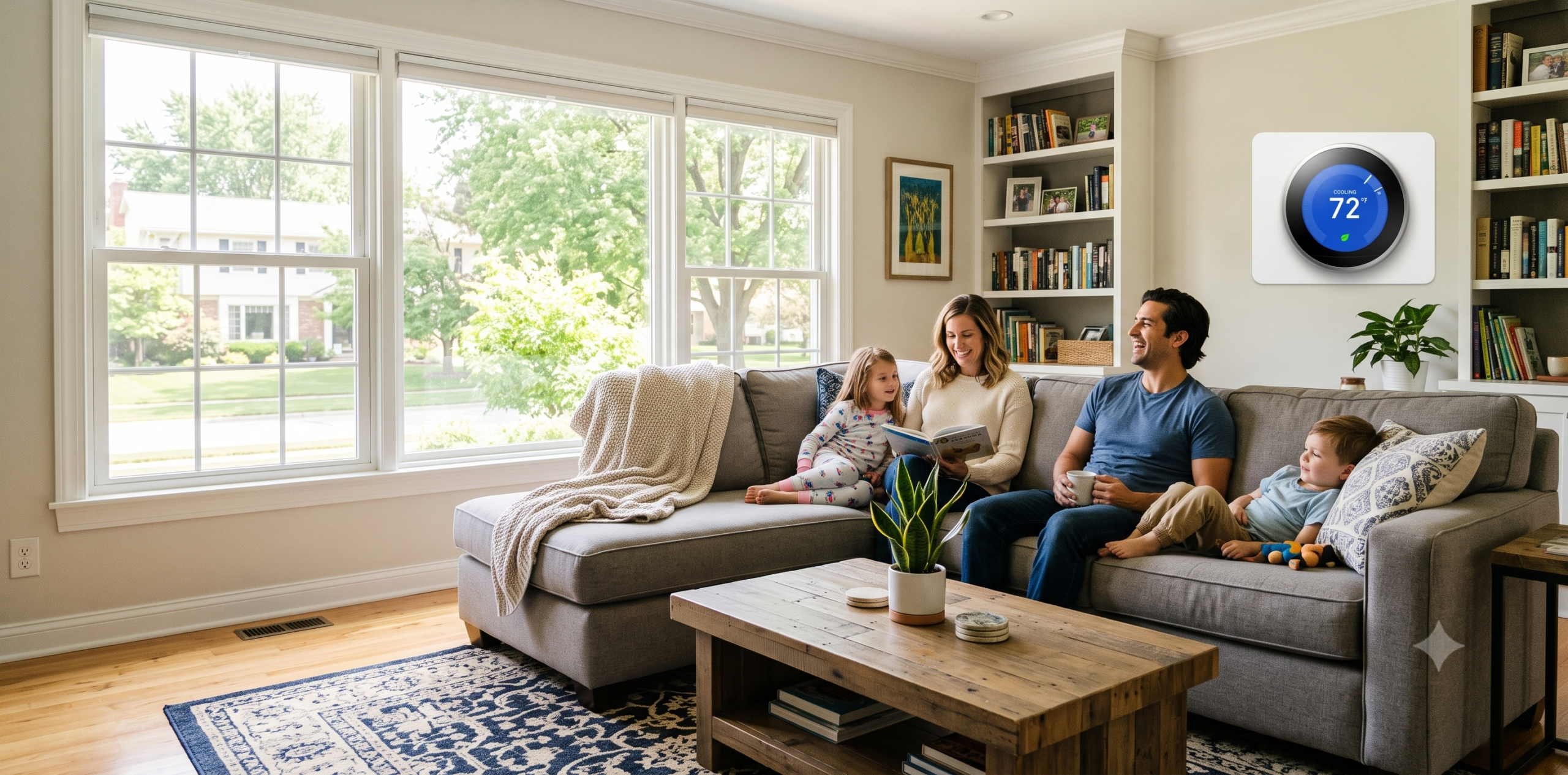 Happy Shelby Township family relaxing comfortably in a cool and conditioned living room.