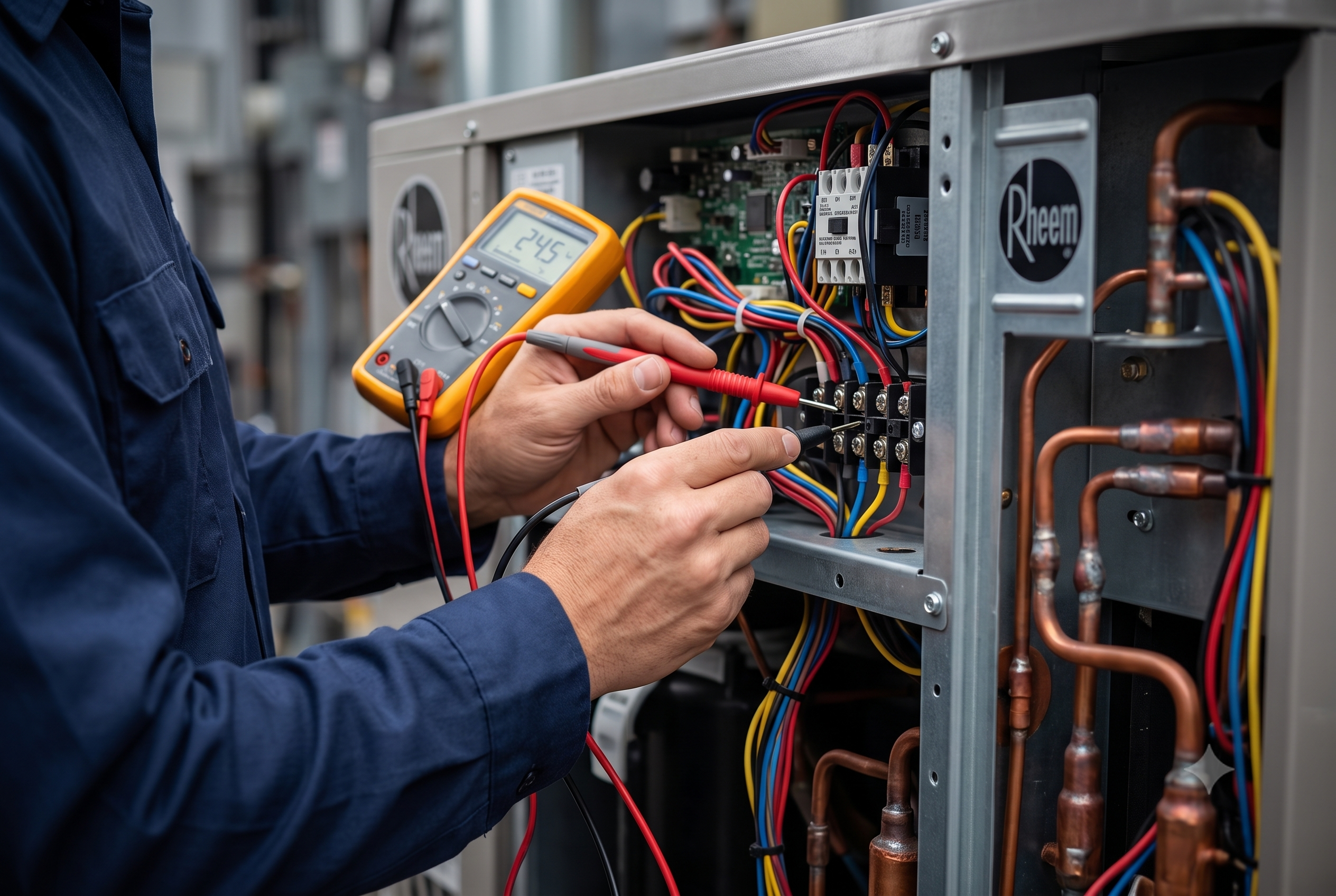 911 Mechanical technician diagnosing electrical components inside a Rheem AC unit.