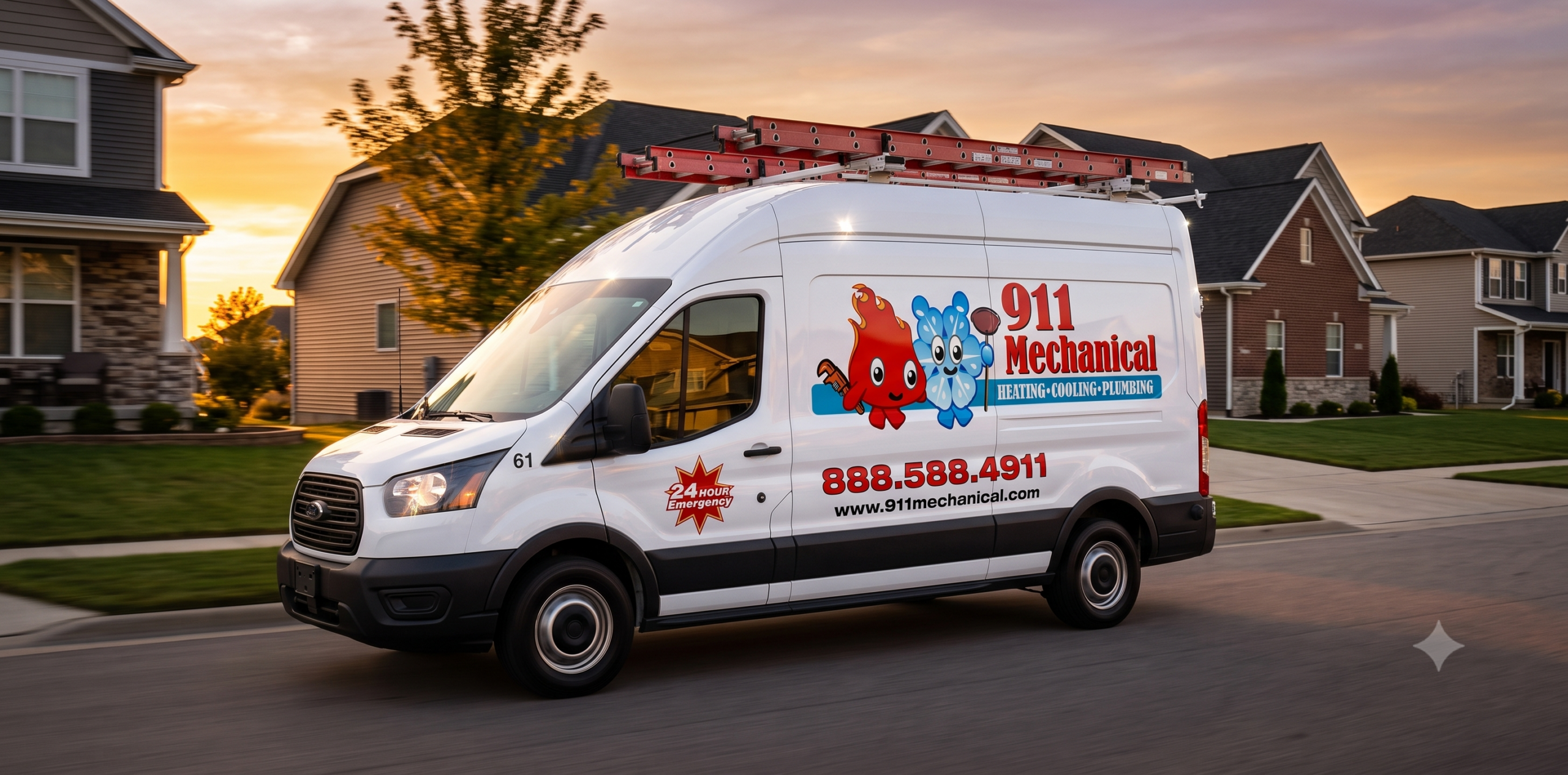 911 Mechanical service van arriving at a suburban residence for emergency AC repair.