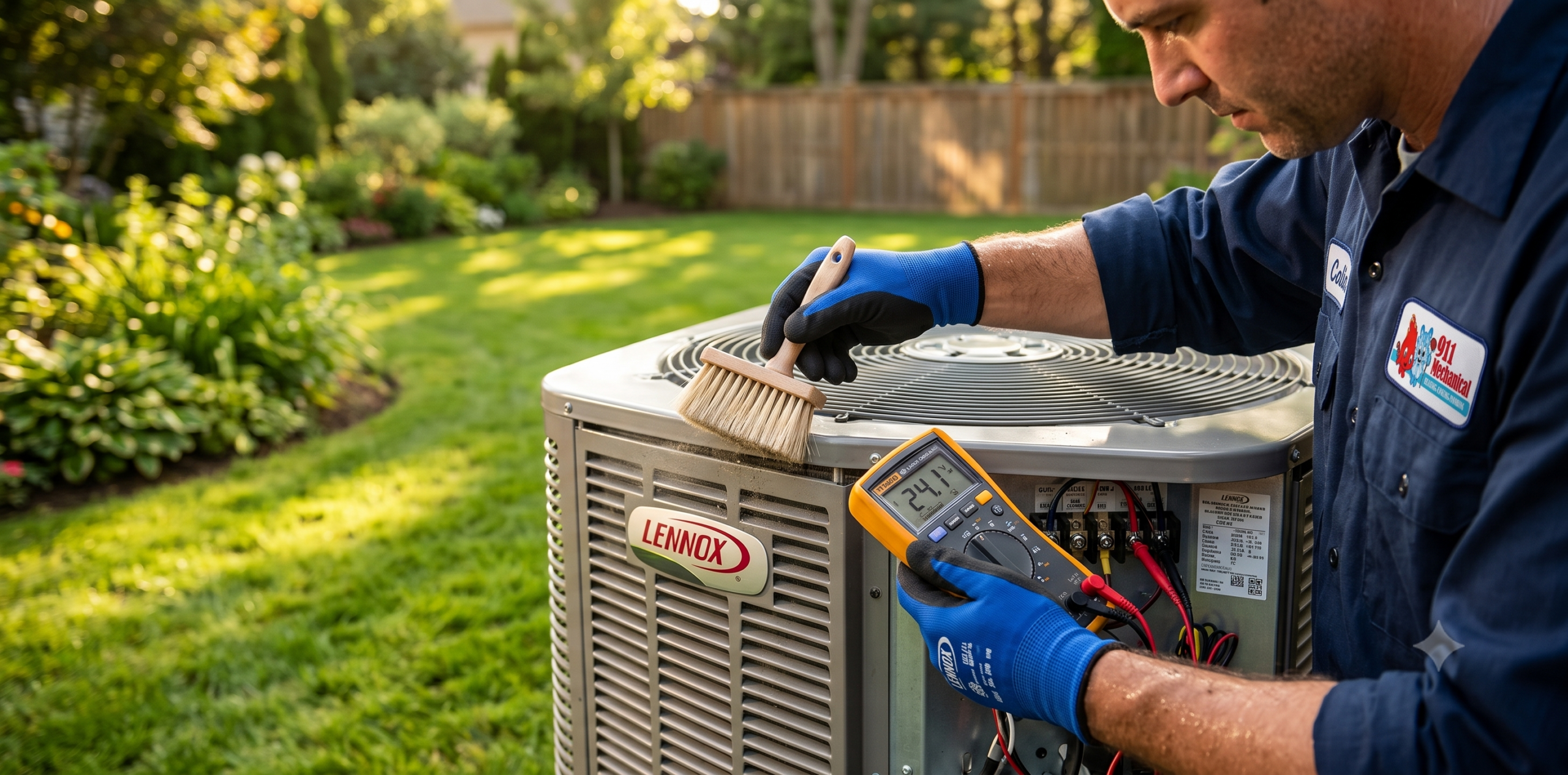 Professional HVAC technician cleaning outdoor air conditioner unit during routine maintenance.