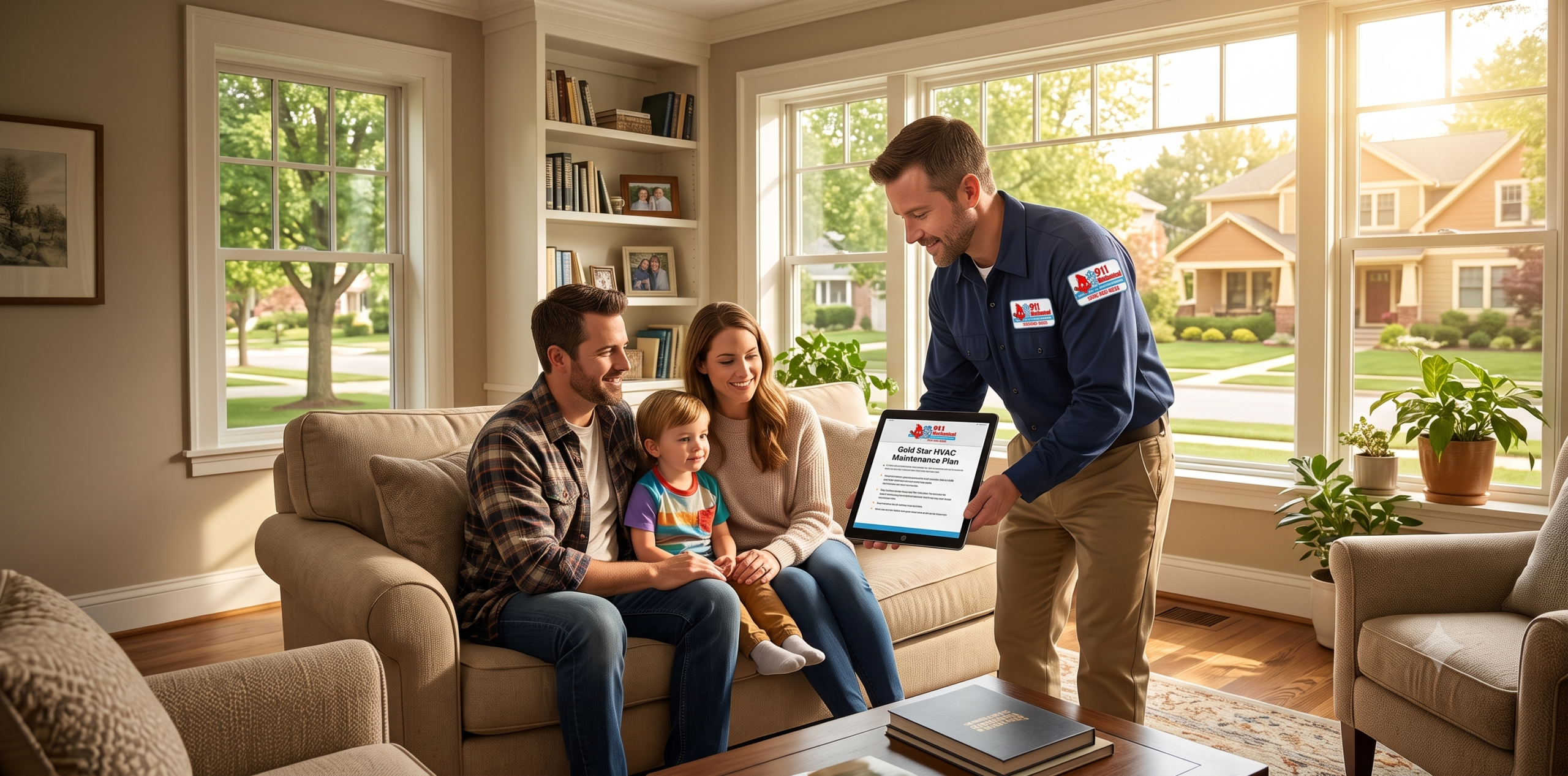 Homeowner family consulting with a local heating and cooling service professional in their living room.