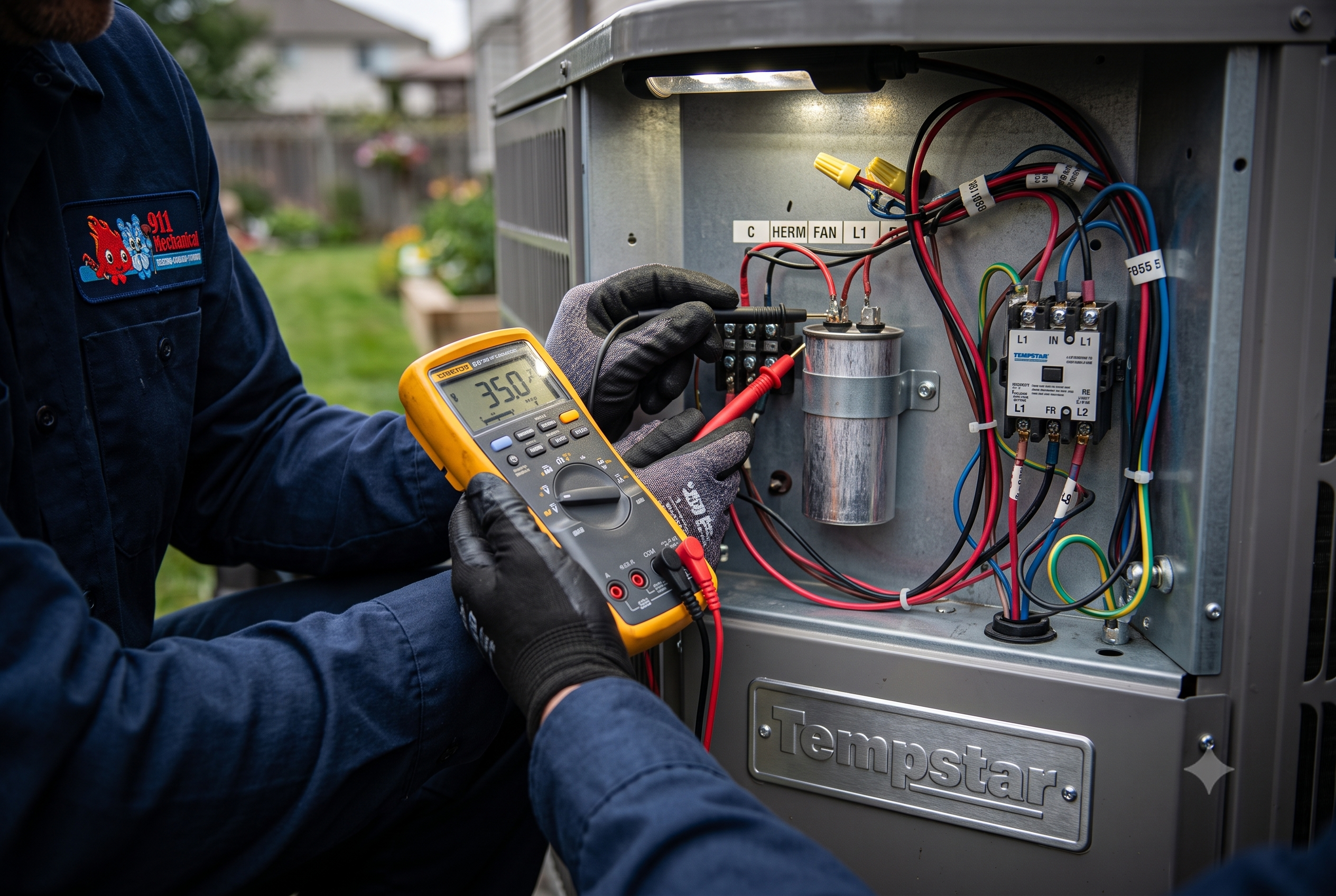 911 Mechanical technician diagnosing electrical components inside a Tempstar AC unit in Rochester Hills.