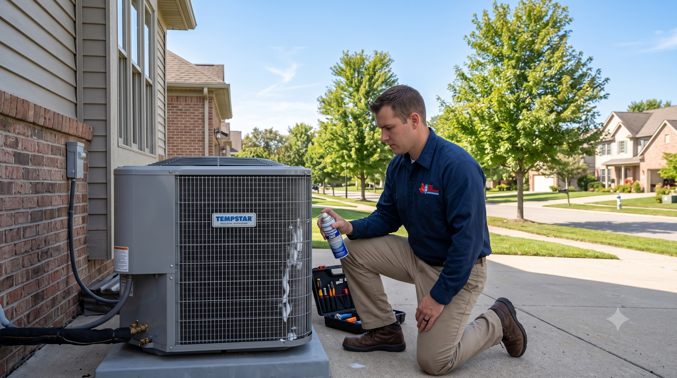 911 Mechanical technician performing seasonal maintenance on a Tempstar AC unit in Rochester Hills, MI.
