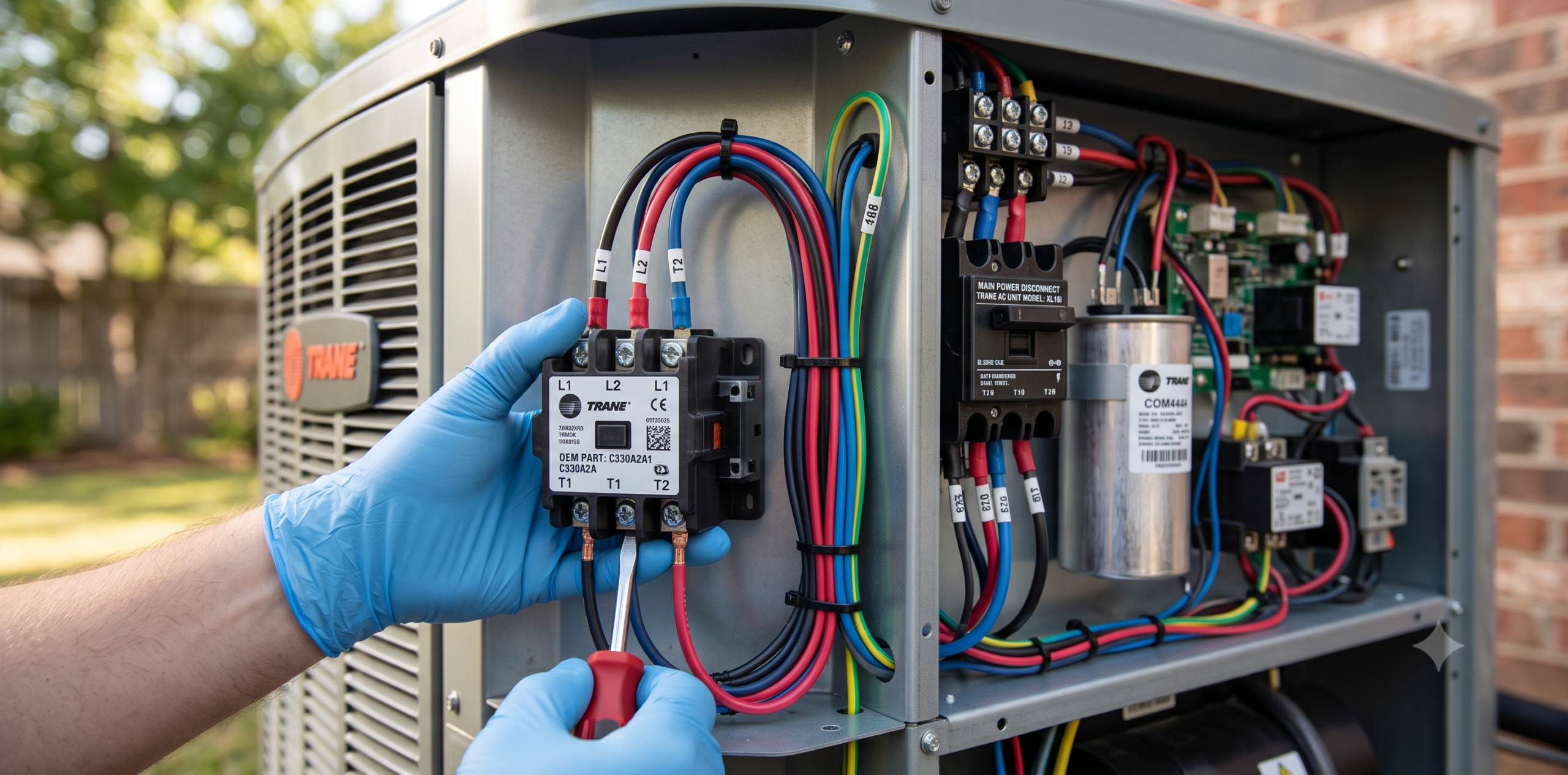 HVAC technician installing high-quality electrical components on a Trane air conditioner.
