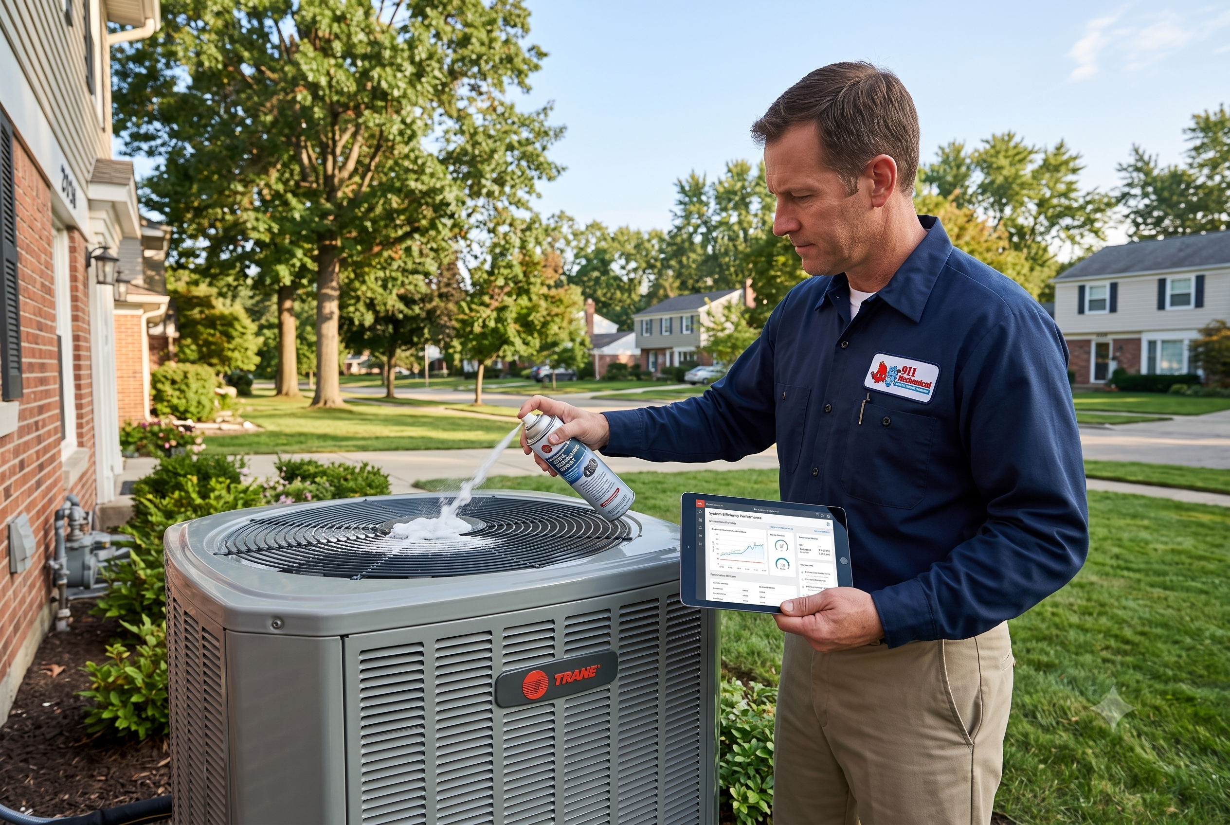 911 Mechanical Trane Comfort Specialist technician performing preventative AC maintenance in Royal Oak, MI.