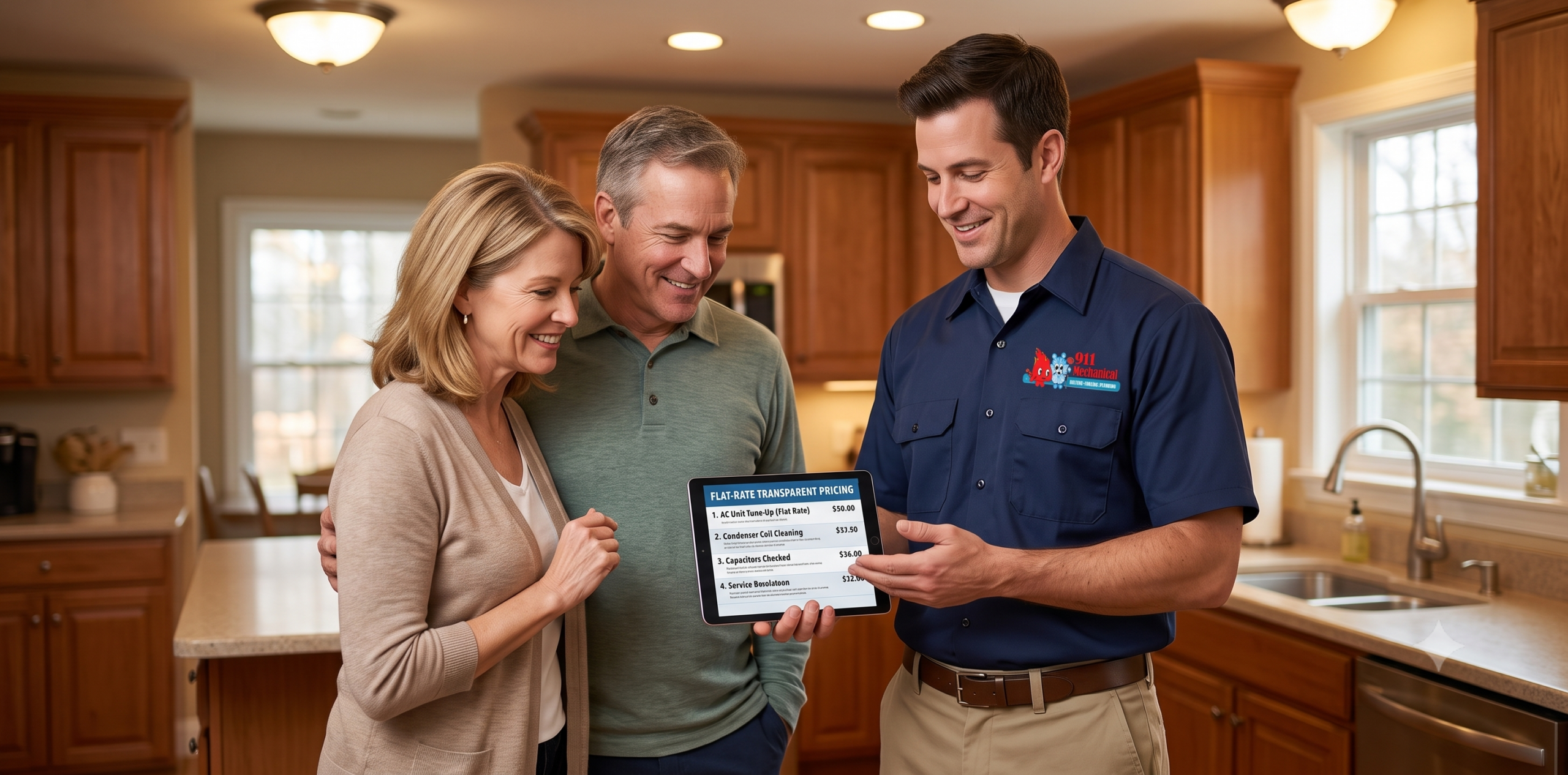 Trustworthy HVAC technician presenting a transparent repair estimate to homeowners.