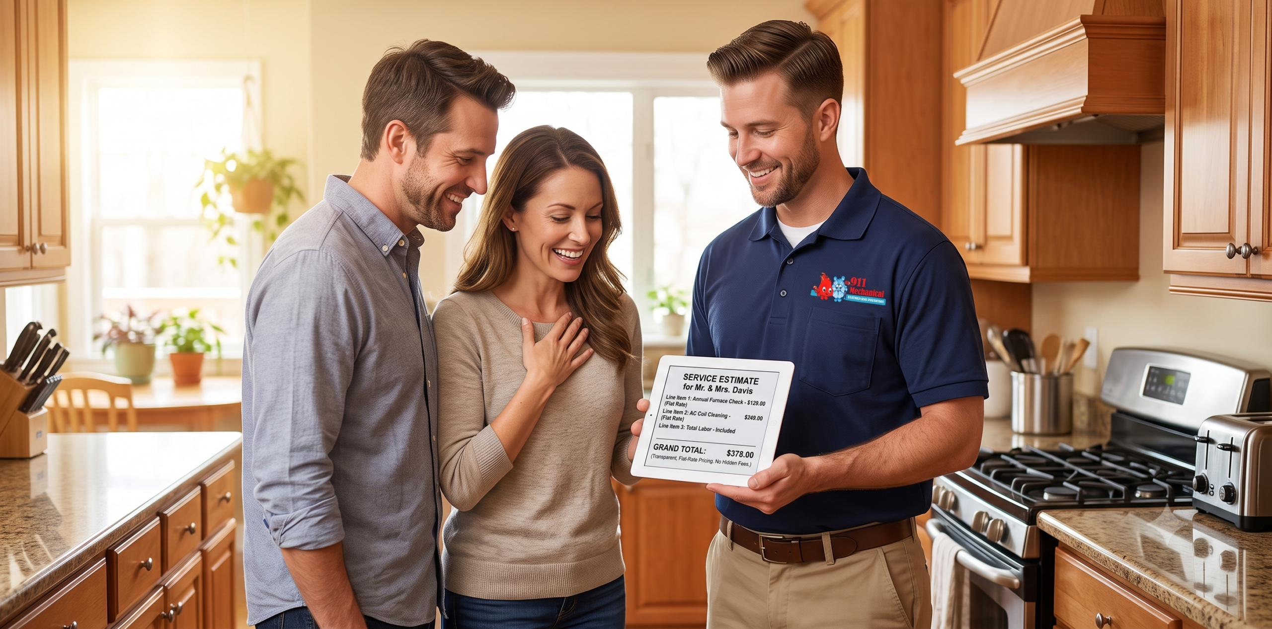 Trustworthy HVAC technician presenting a clear, transparent price estimate to Troy homeowners.