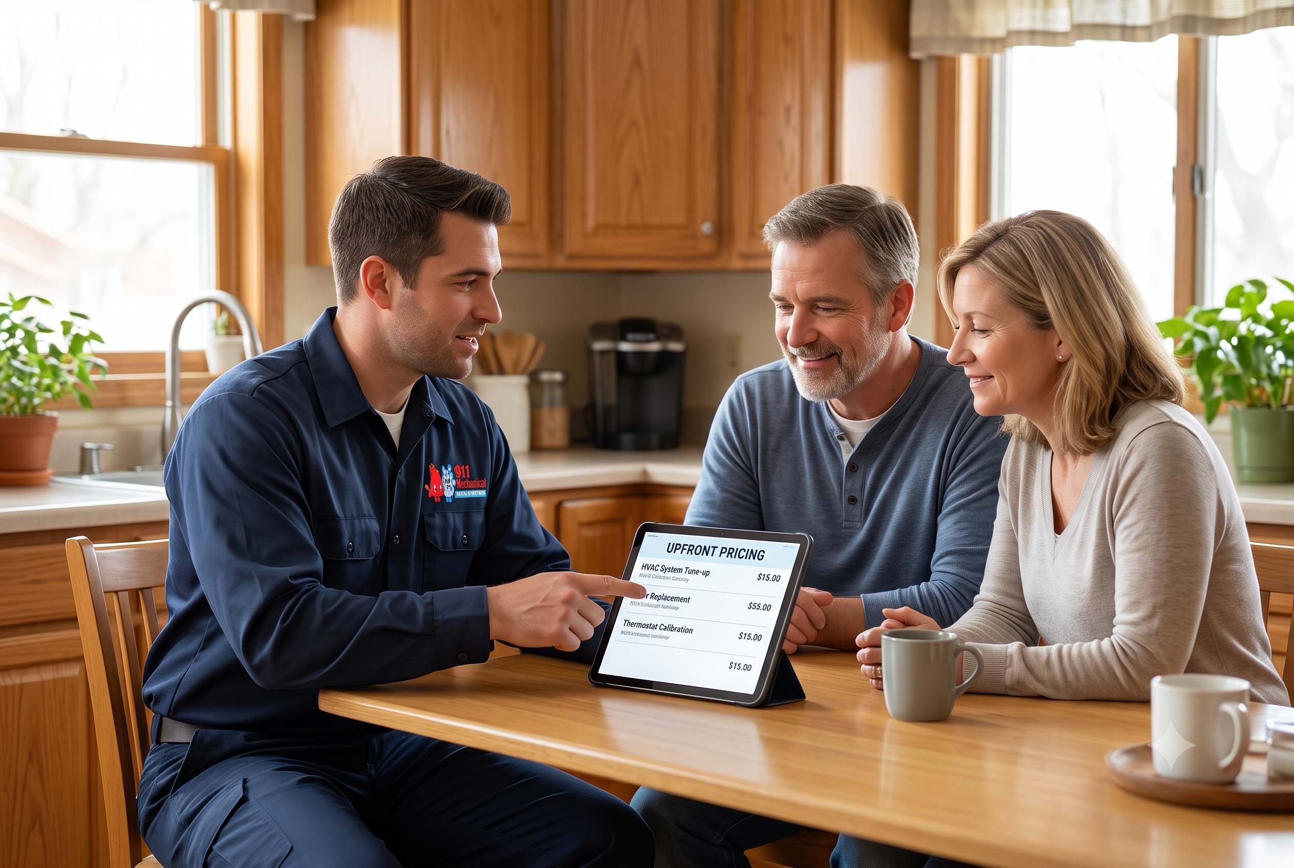 911 Mechanical technician providing a transparent, upfront pricing estimate to a homeowner.