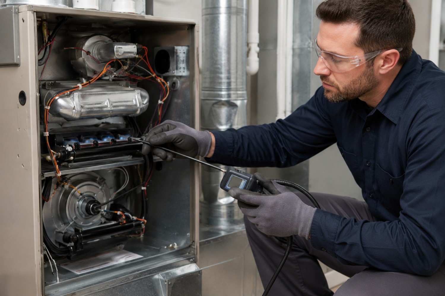 911 Mechanical technician testing a furnace during a tune-up