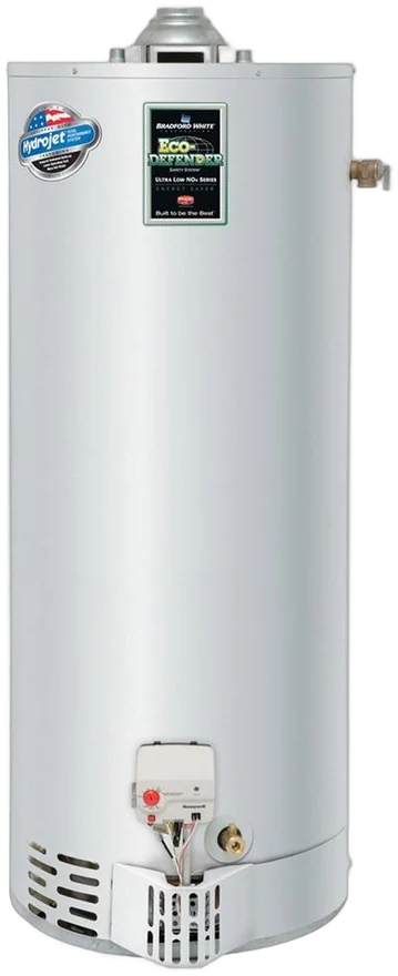 Bradford White gas tank water heater with Hydrojet and Defender Safety System labels