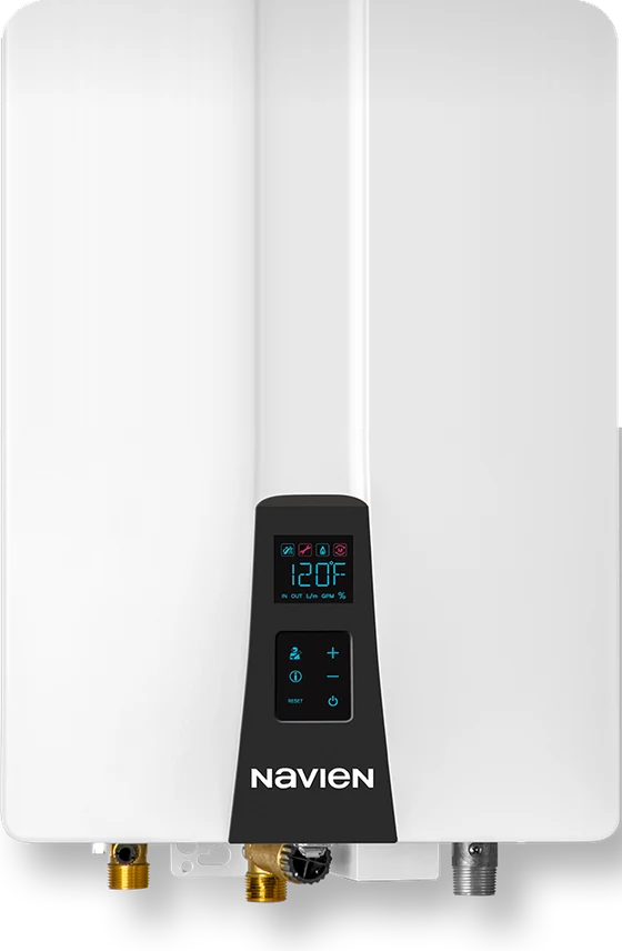 Navien NPE-A2 condensing tankless water heater with its digital control panel showing 120°F